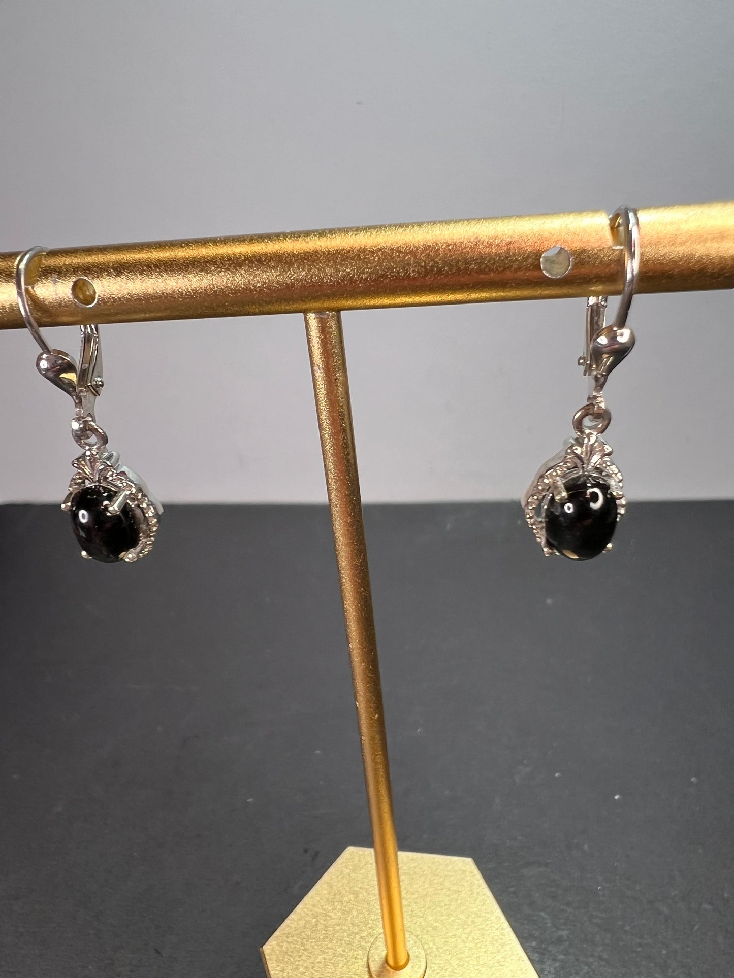 Black star sapphire sterling silver leverback earrings