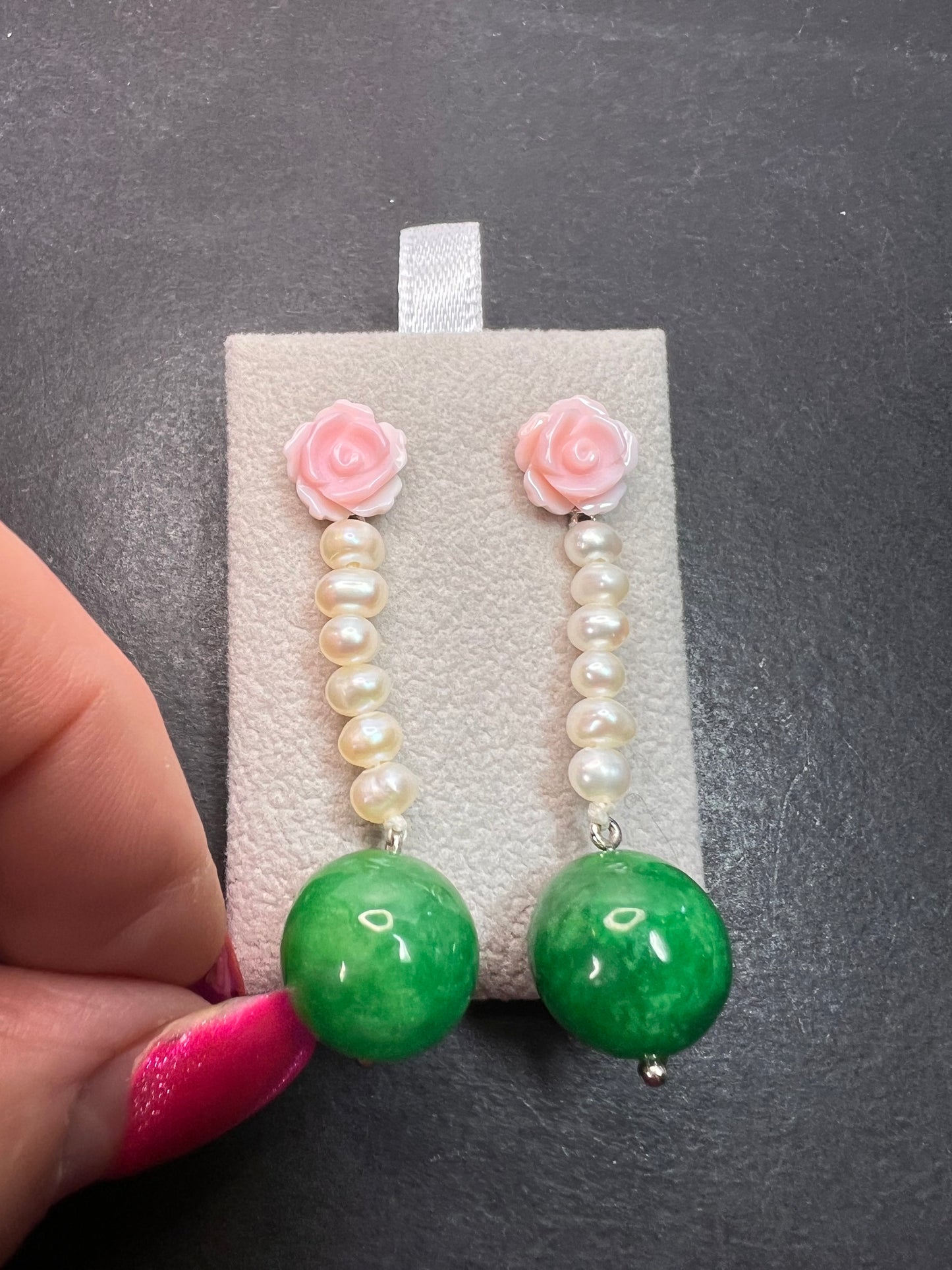 Green Jade , pink flowers and freshwater pearl earrings in rhodium over sterling silver