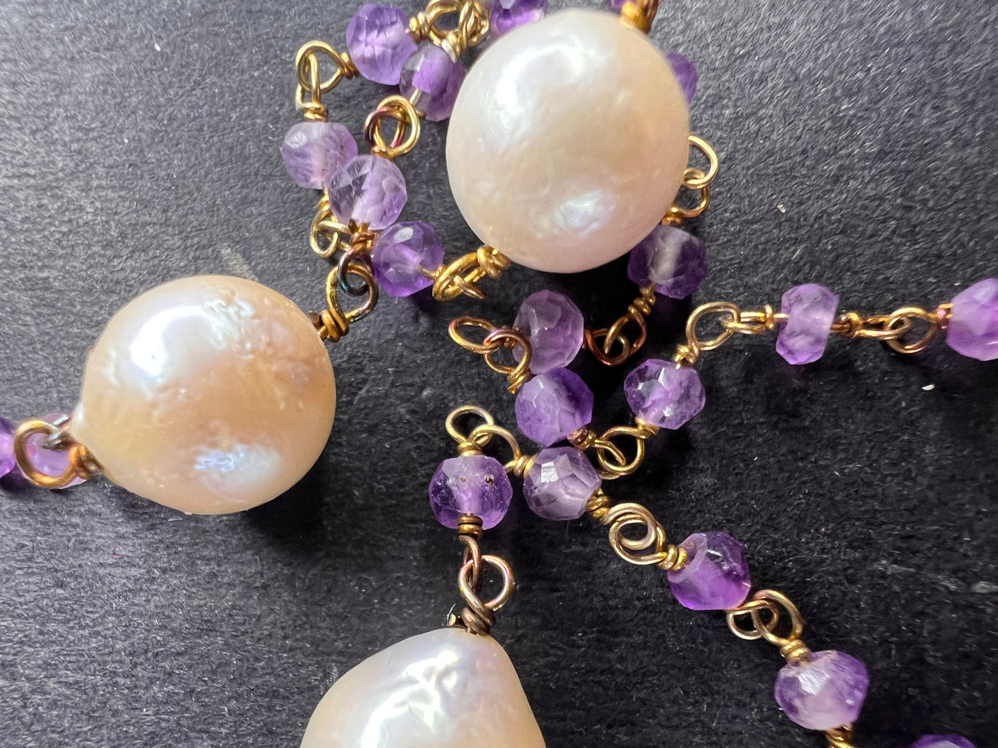 Amethyst and pearl 30 inch station necklace in sterling silver