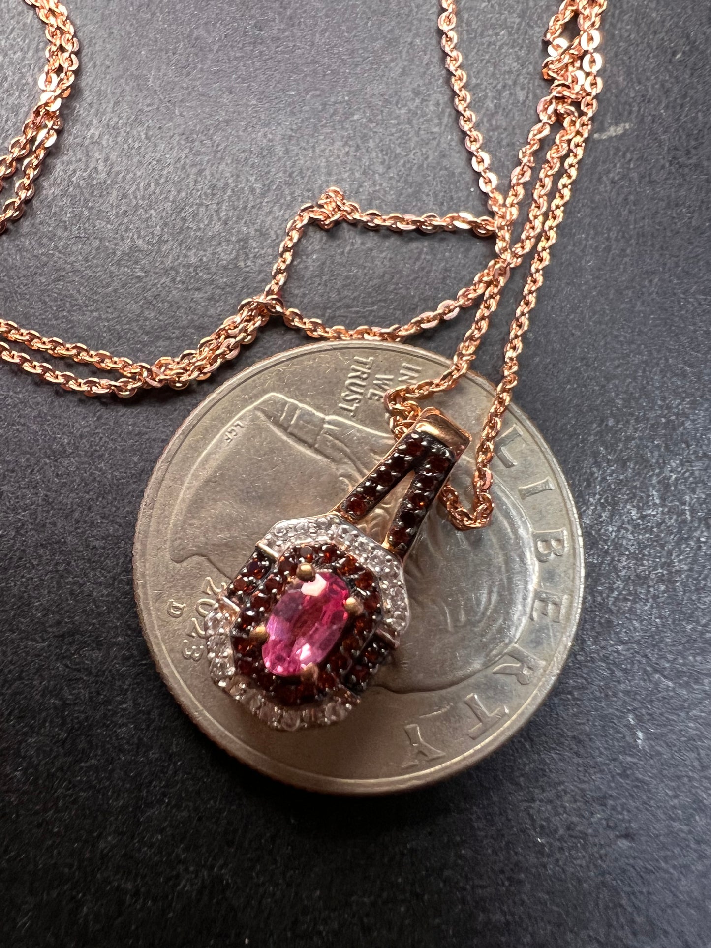 NEW Mahenge pink spinel and brown zircon art deco style pendant in rose gold over sterling silver