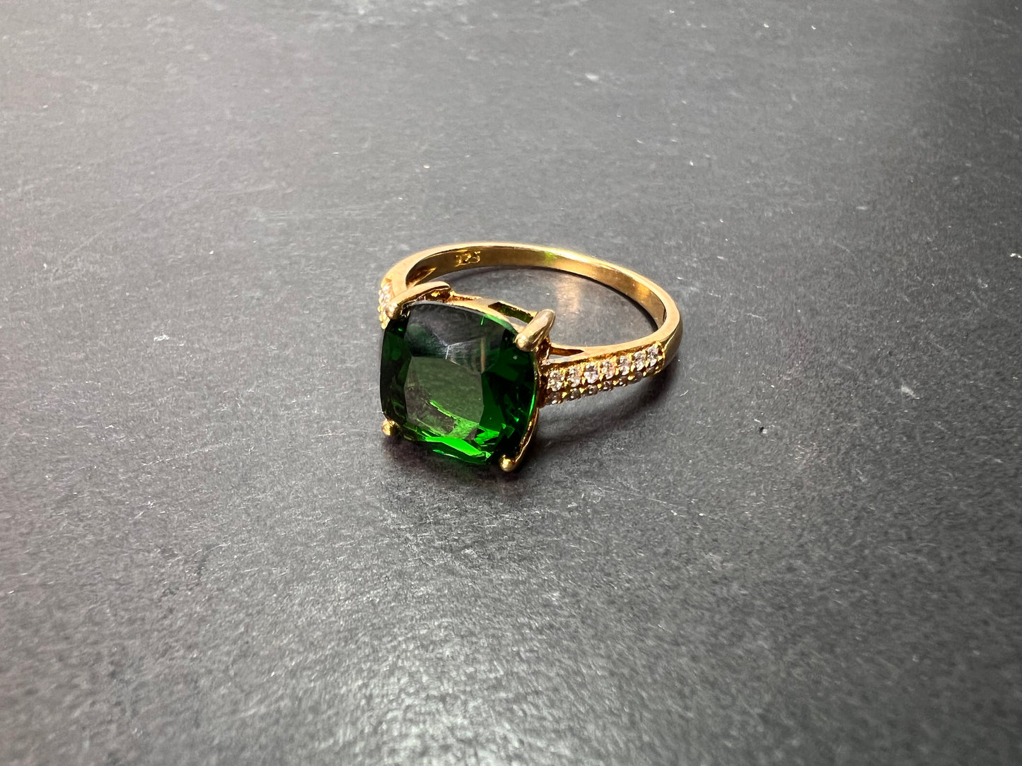 Green cushion cut CZ ring in gold over sterling silver size 9