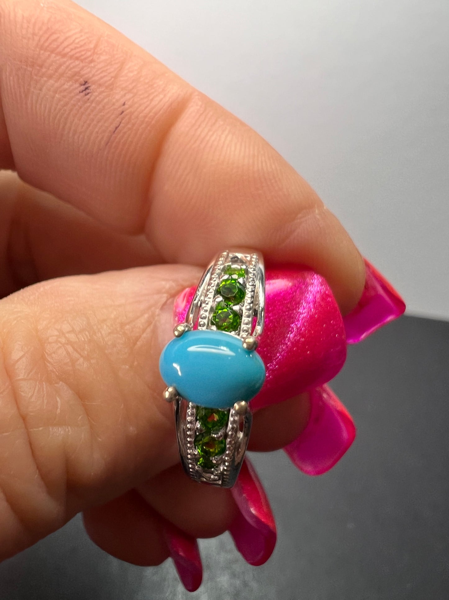 Sleeping Beauty turquoise and chrome diopside sterling silver ring size 9