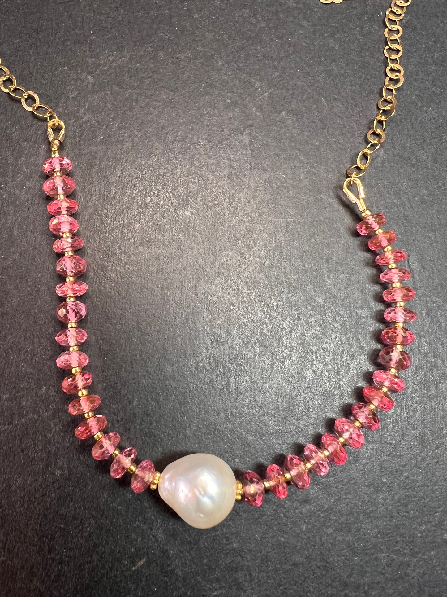 Gold Filled Necklace with Baroque Pearl and Pink Faceted Gemstone Beads