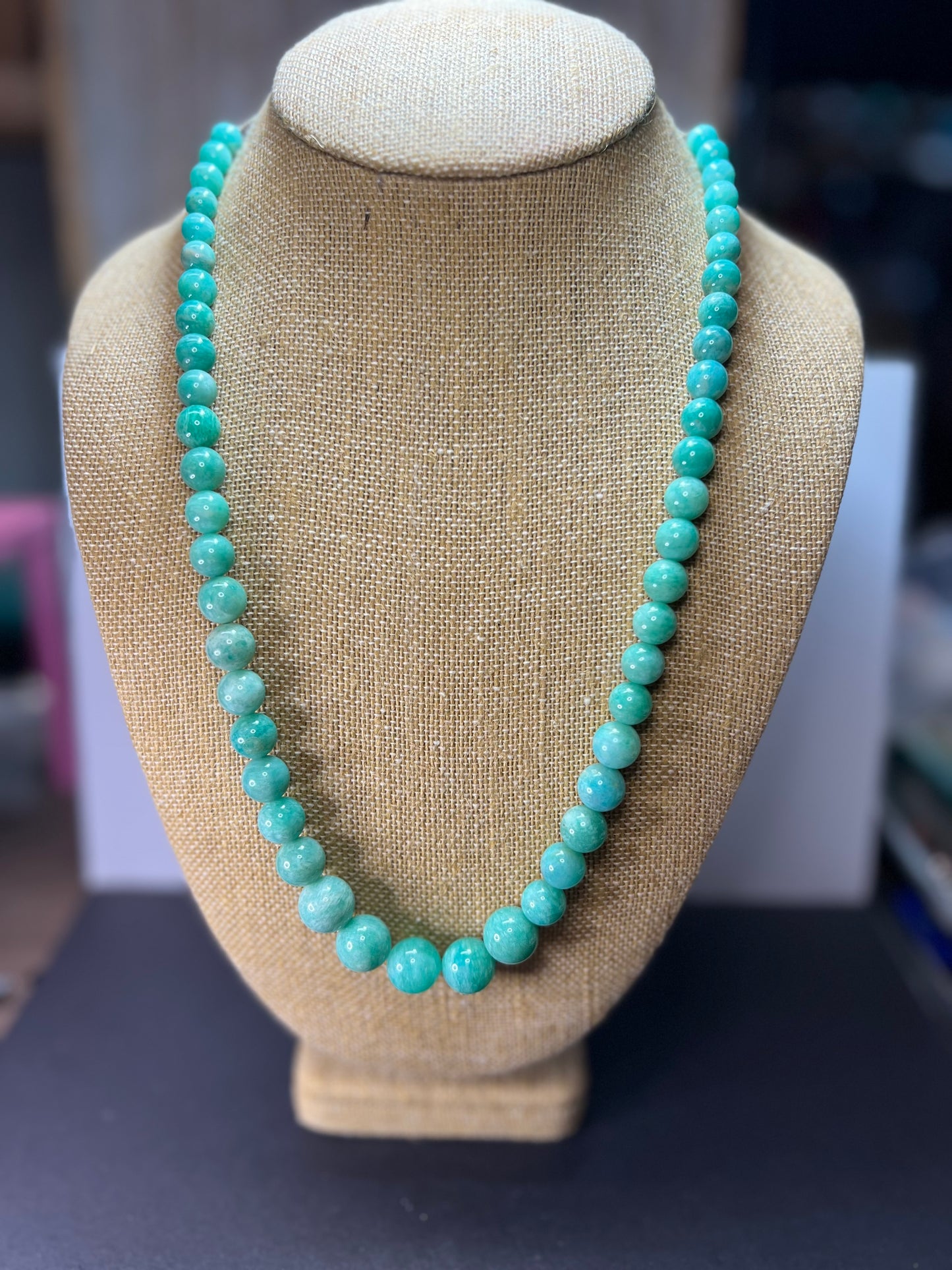 Amazonite beaded bolo necklace with sterling clasp and slide adjustments