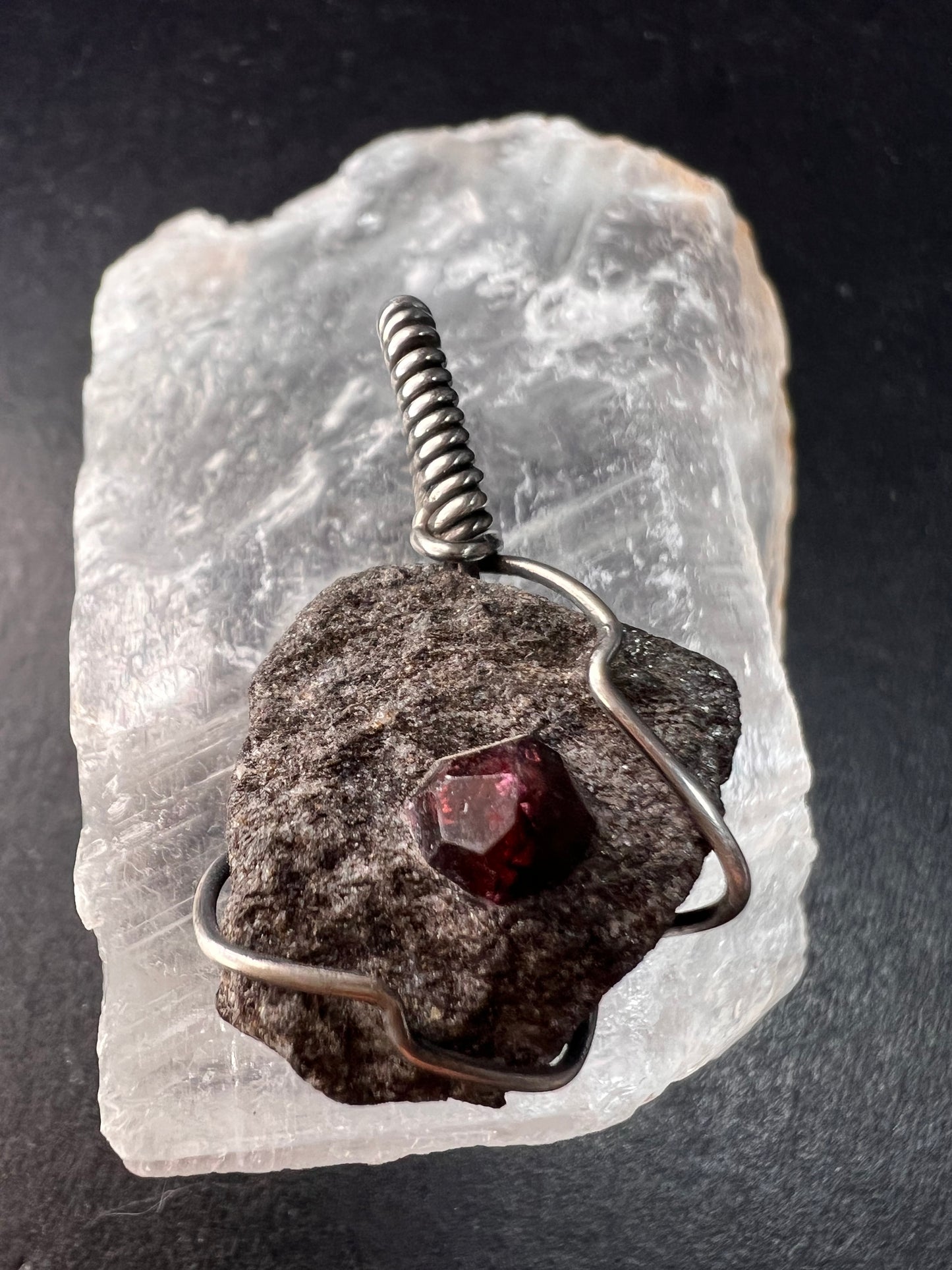 Vintage Sterling Silver Wrapped Rough Garnet in Schist Matrix Pendant
