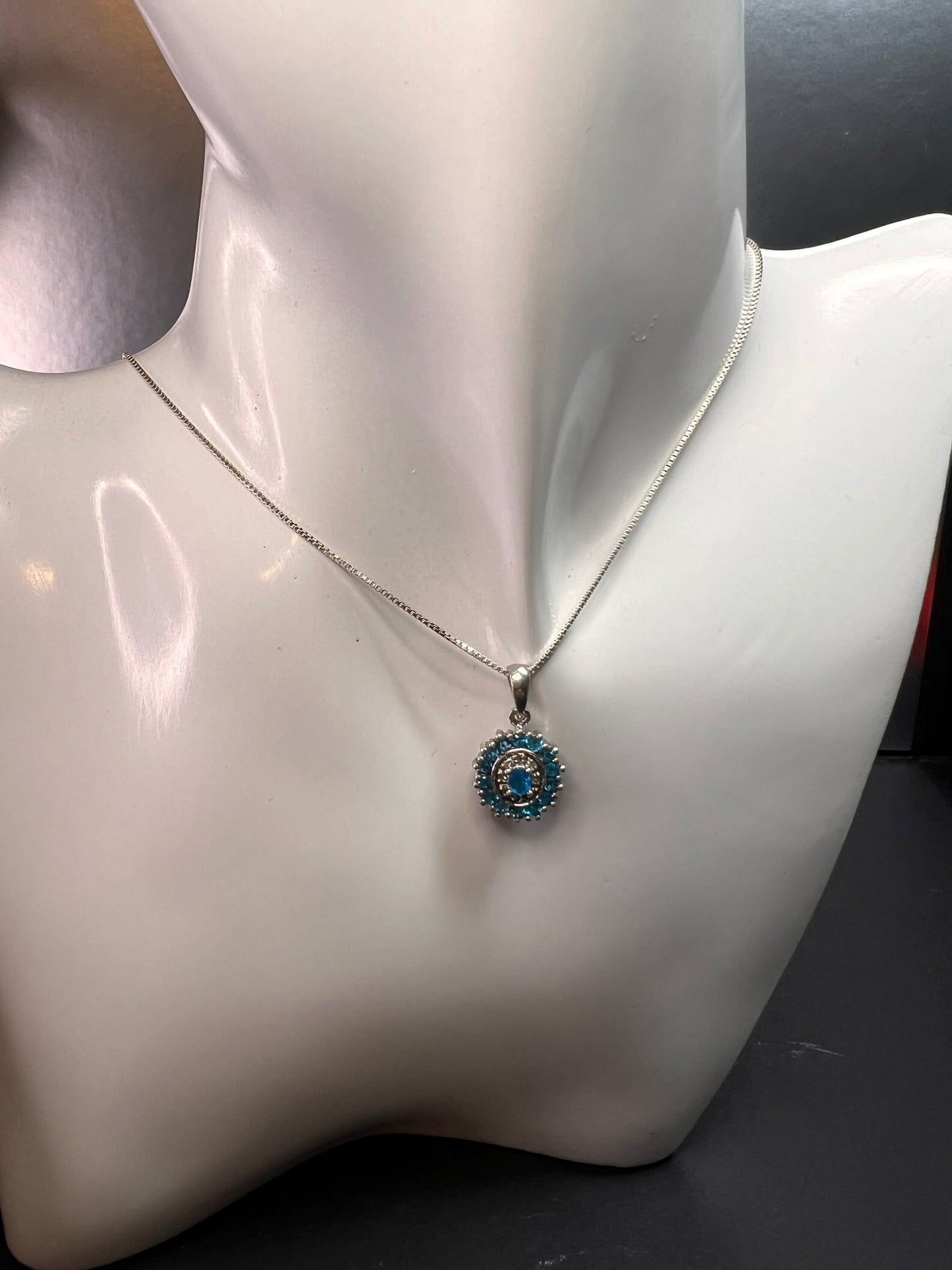 Vintage 925 Sterling Silver Blue Apatite & Diamond Halo Pendant Necklace