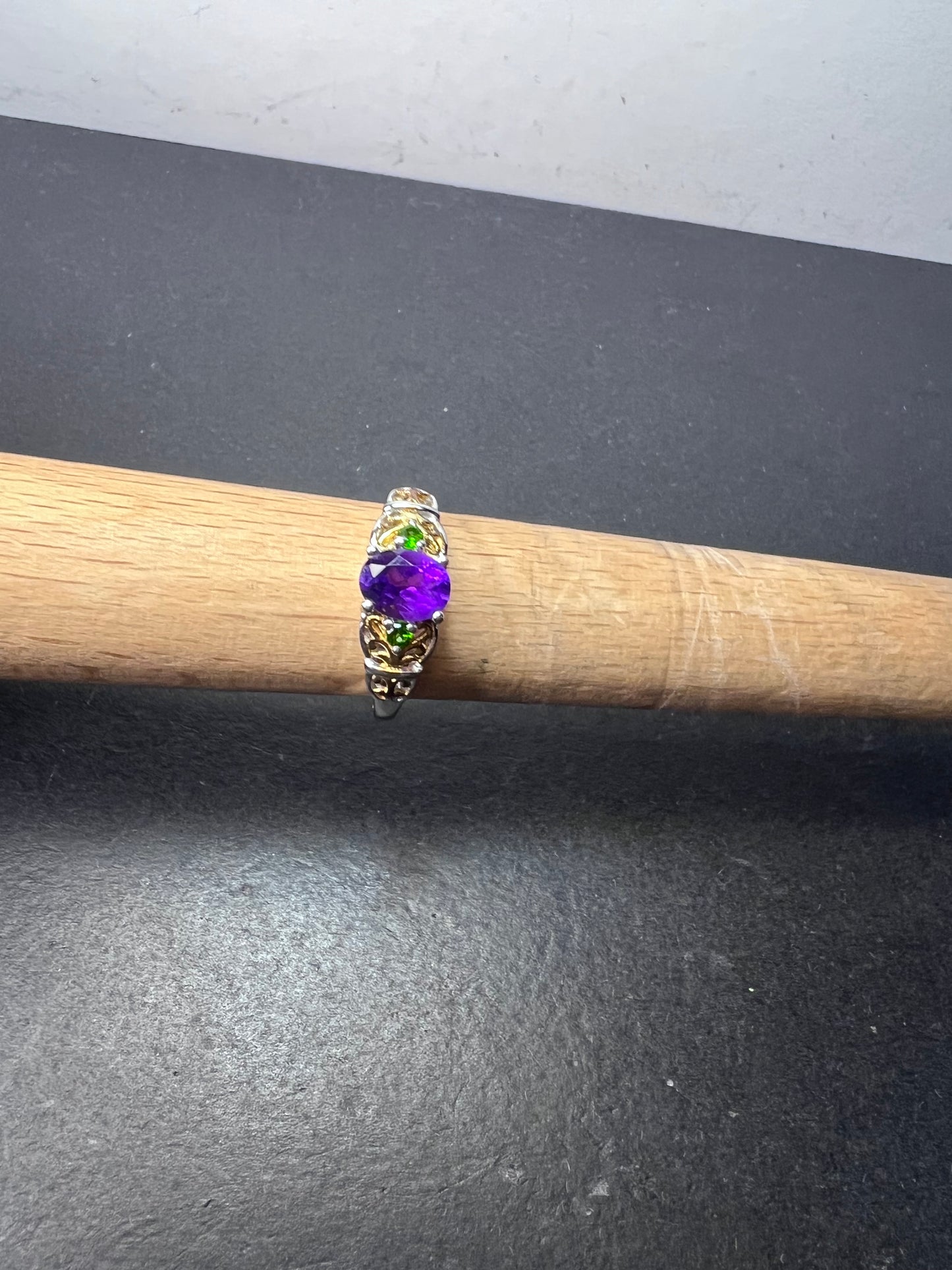 Amethyst and chrome diopside two toned sterling silver ring size 9