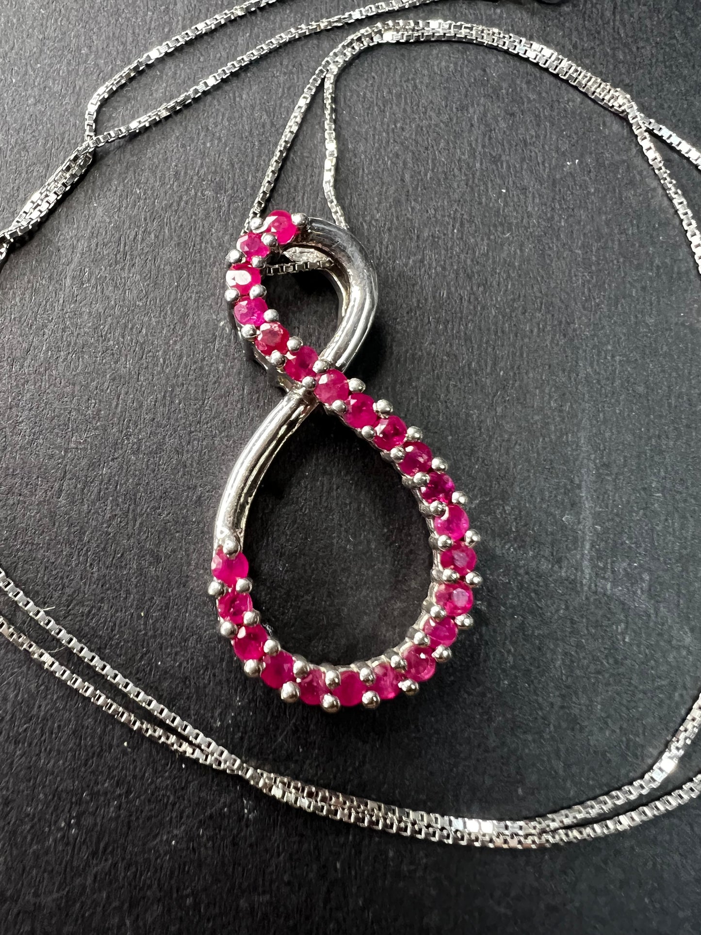 Vintage Ruby Infinity Pendant Necklace Sterling Silver 18” Chain