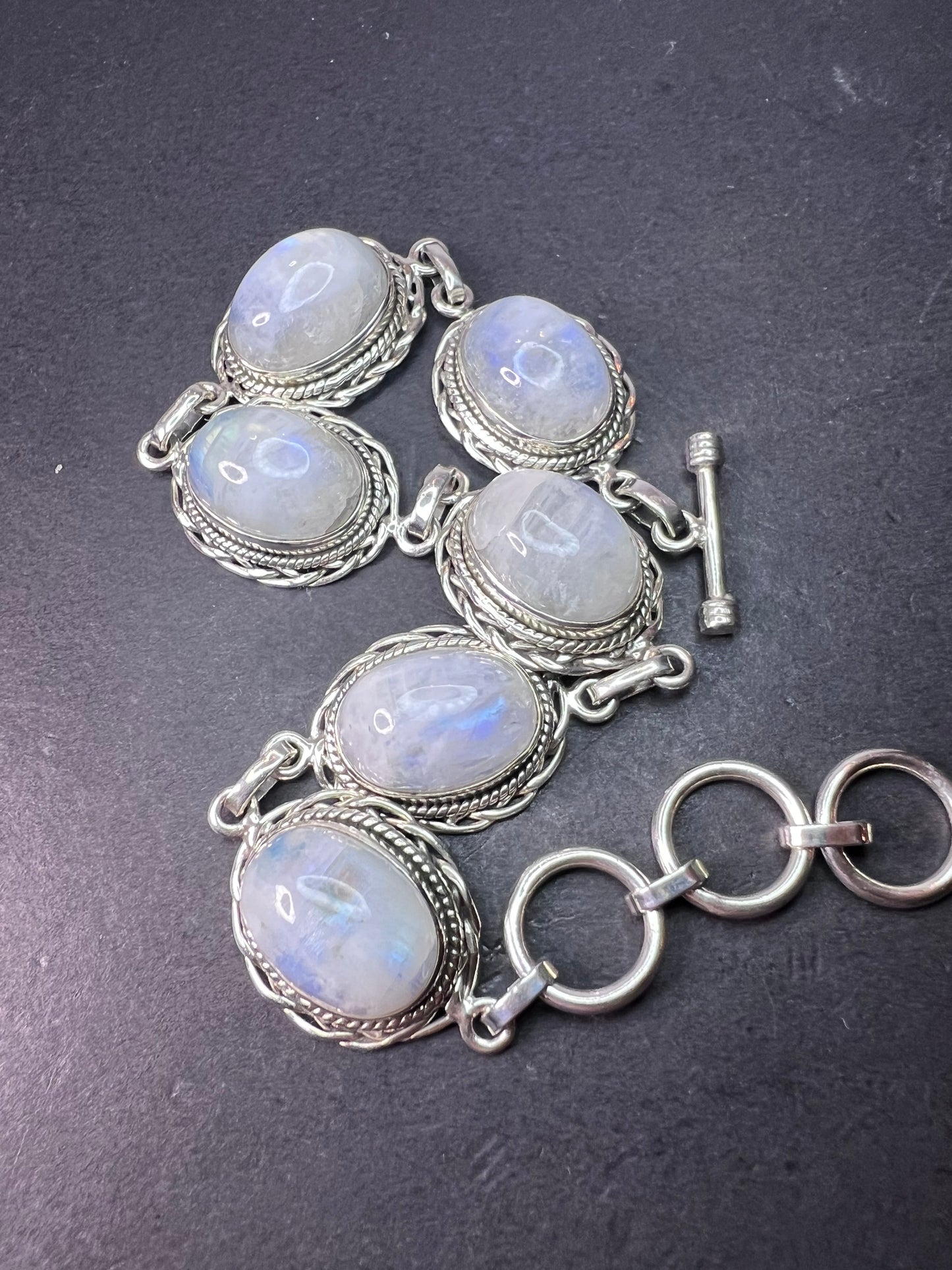 Rainbow moonstone and Bali style sterling silver toggle bracelet with extender