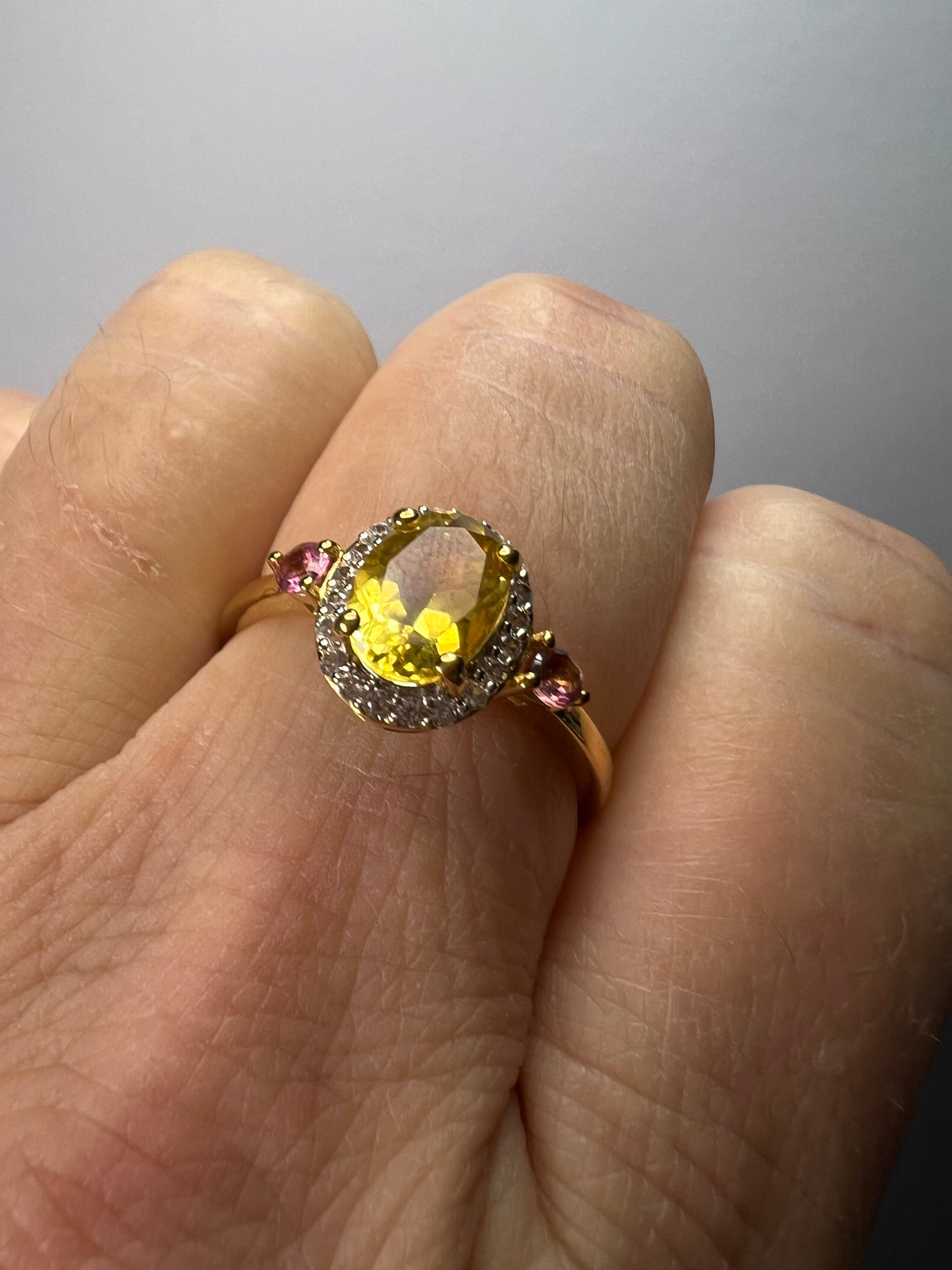 Heliodor and rubellite halo ring in vermeil yellow gold over sterling silver size 9 *NEW*