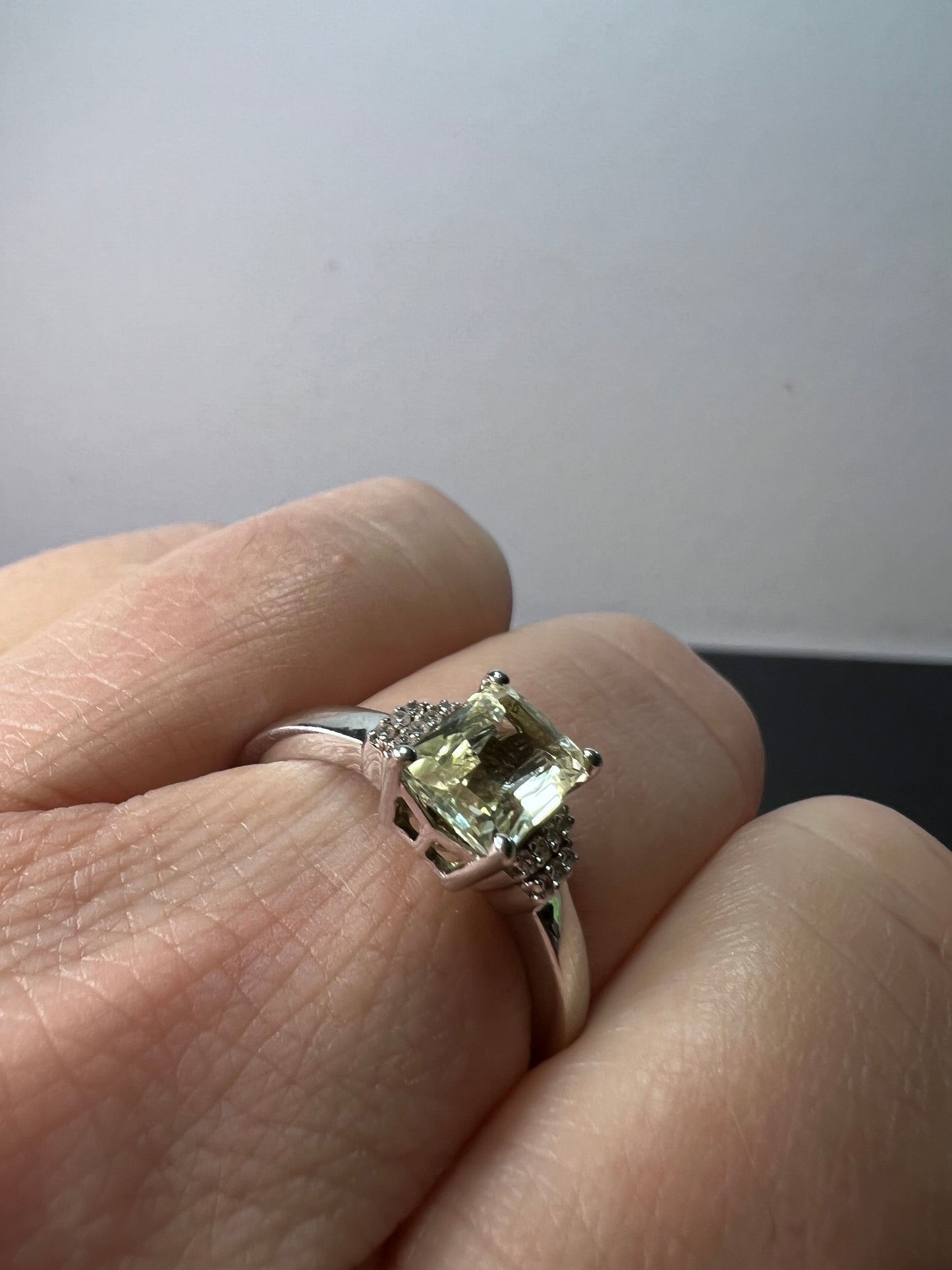 Prasiolite and zircon Sterling silver ring size 9