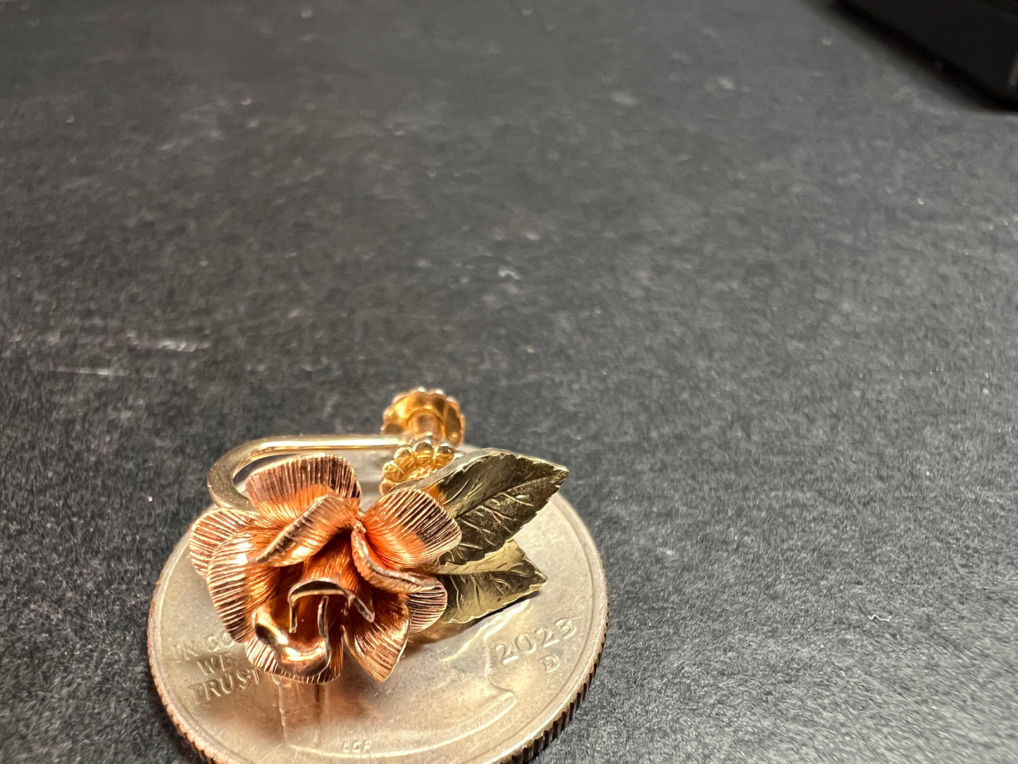 Vintage Krementz Rose and yellow gold tone Flower Leaf Screw Back Earrings