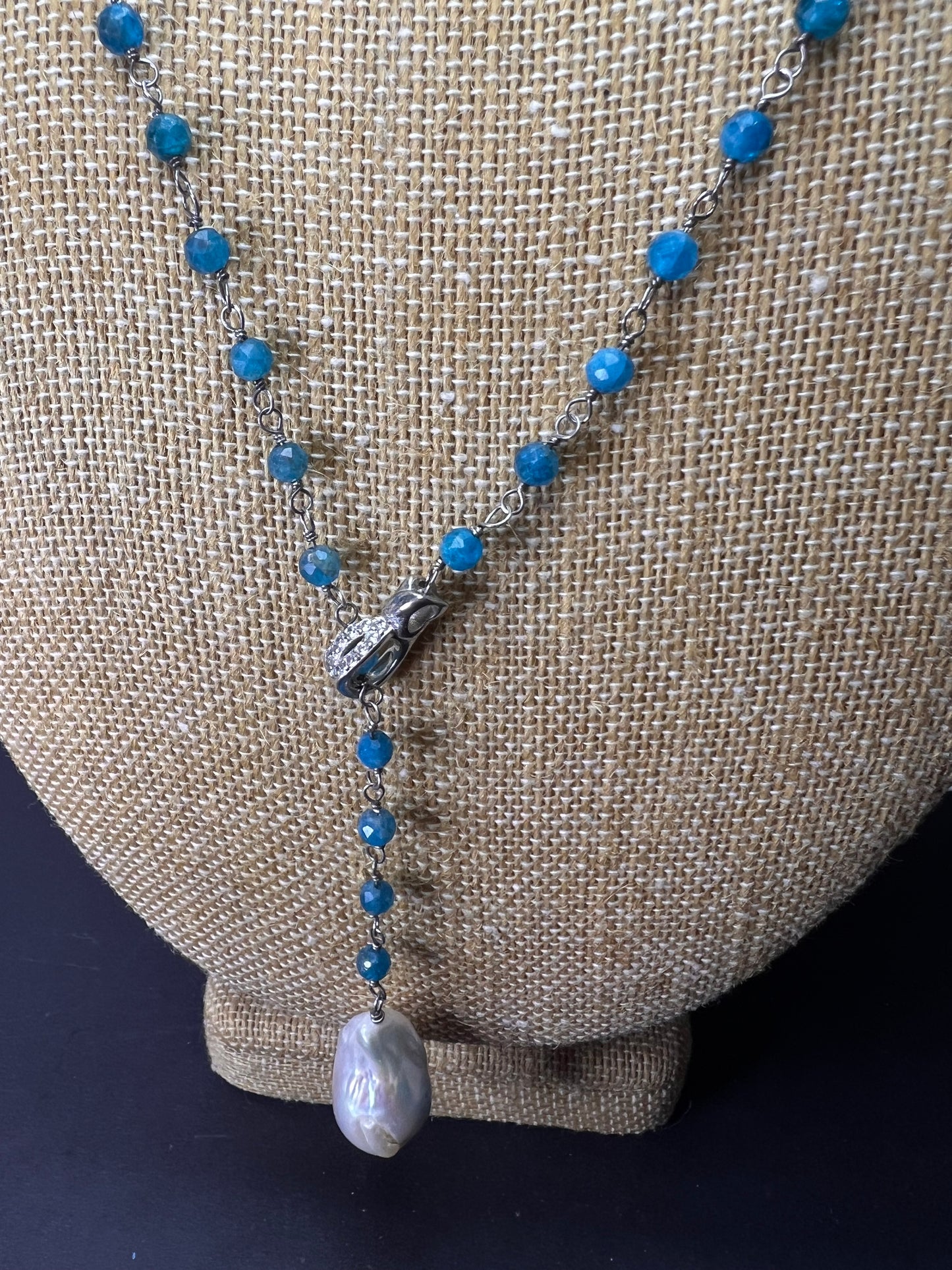 Blue apatite baroque pearl lariat sterling silver necklace