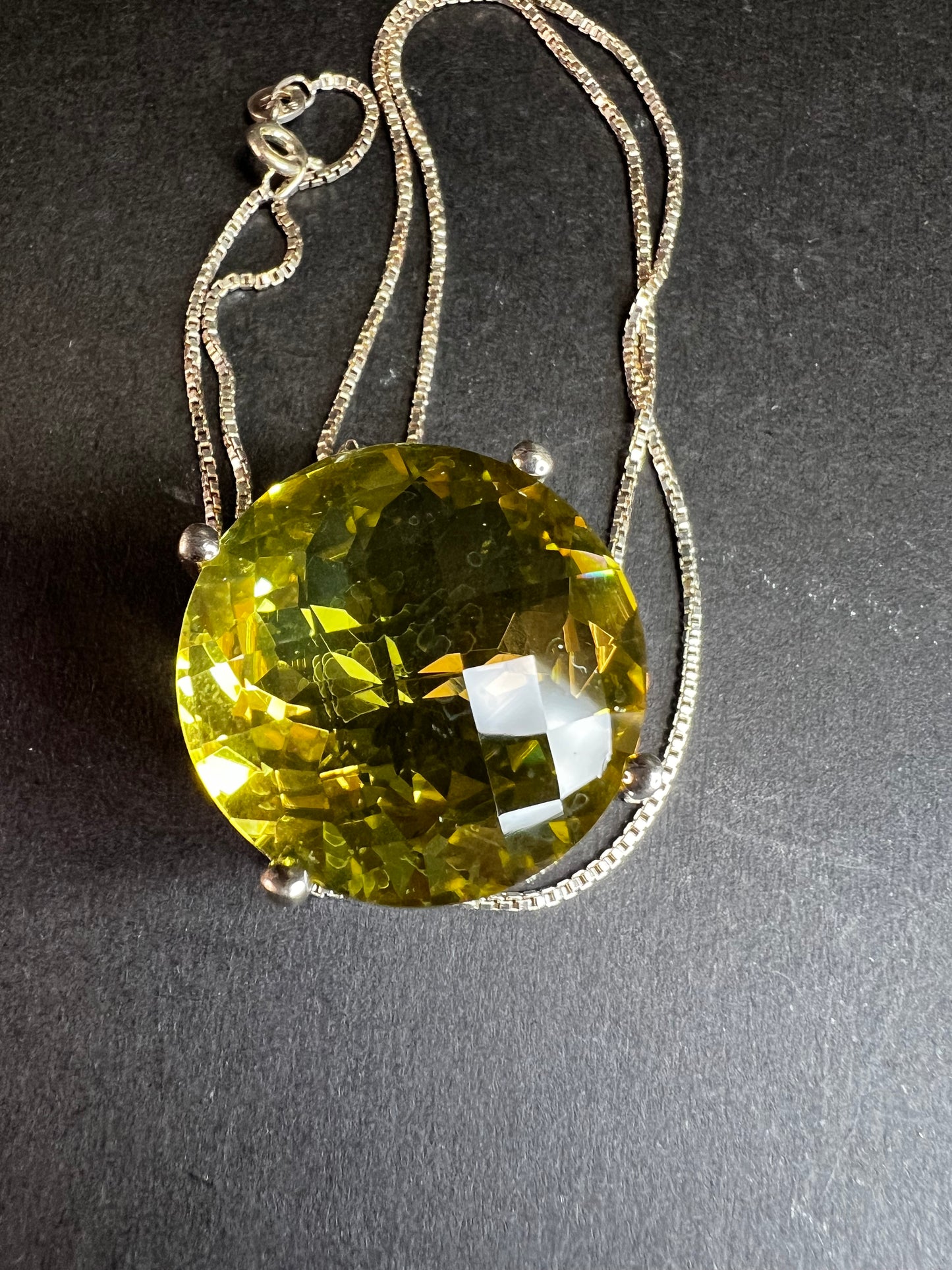 Huge Lemon Quartz Sterling Silver Statement Pendant Necklace 18” Chain