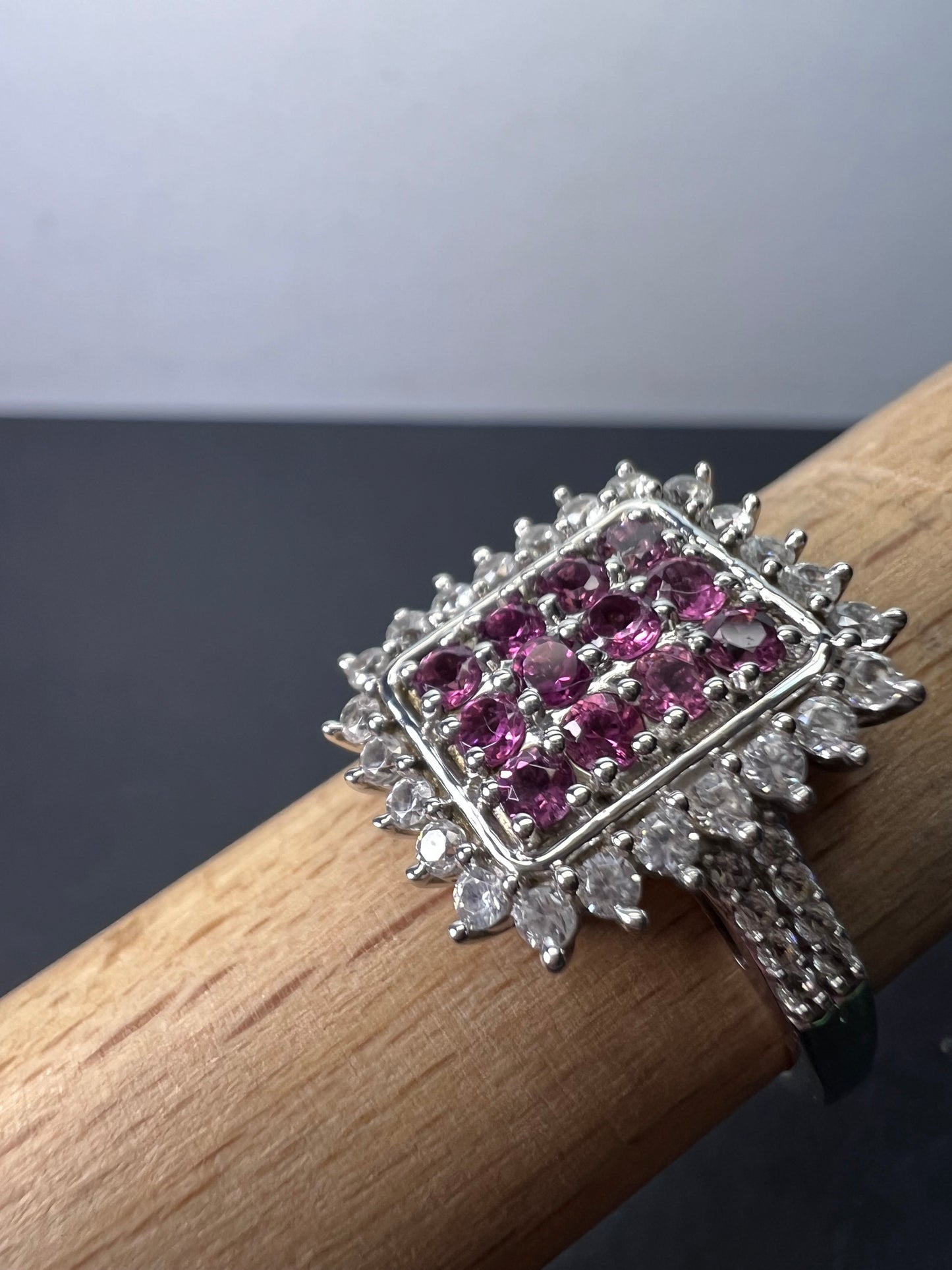 Pink tourmaline and white topaz sterling silver cluster ring size 9