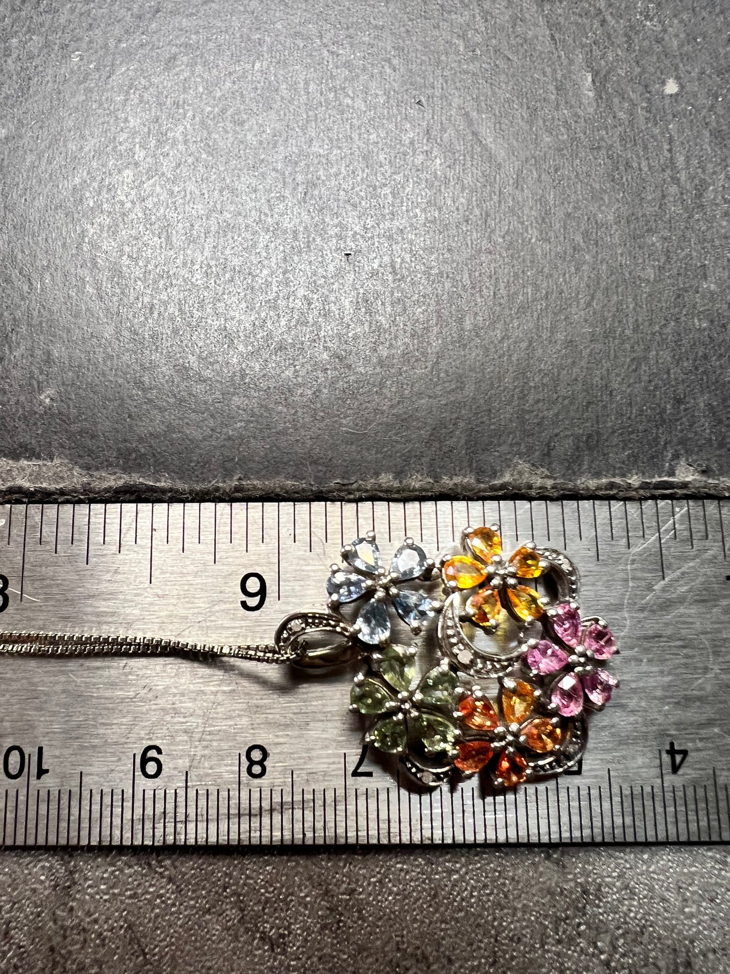 Vintage Sterling Silver Multi Sapphire & Diamond Flower Pendant