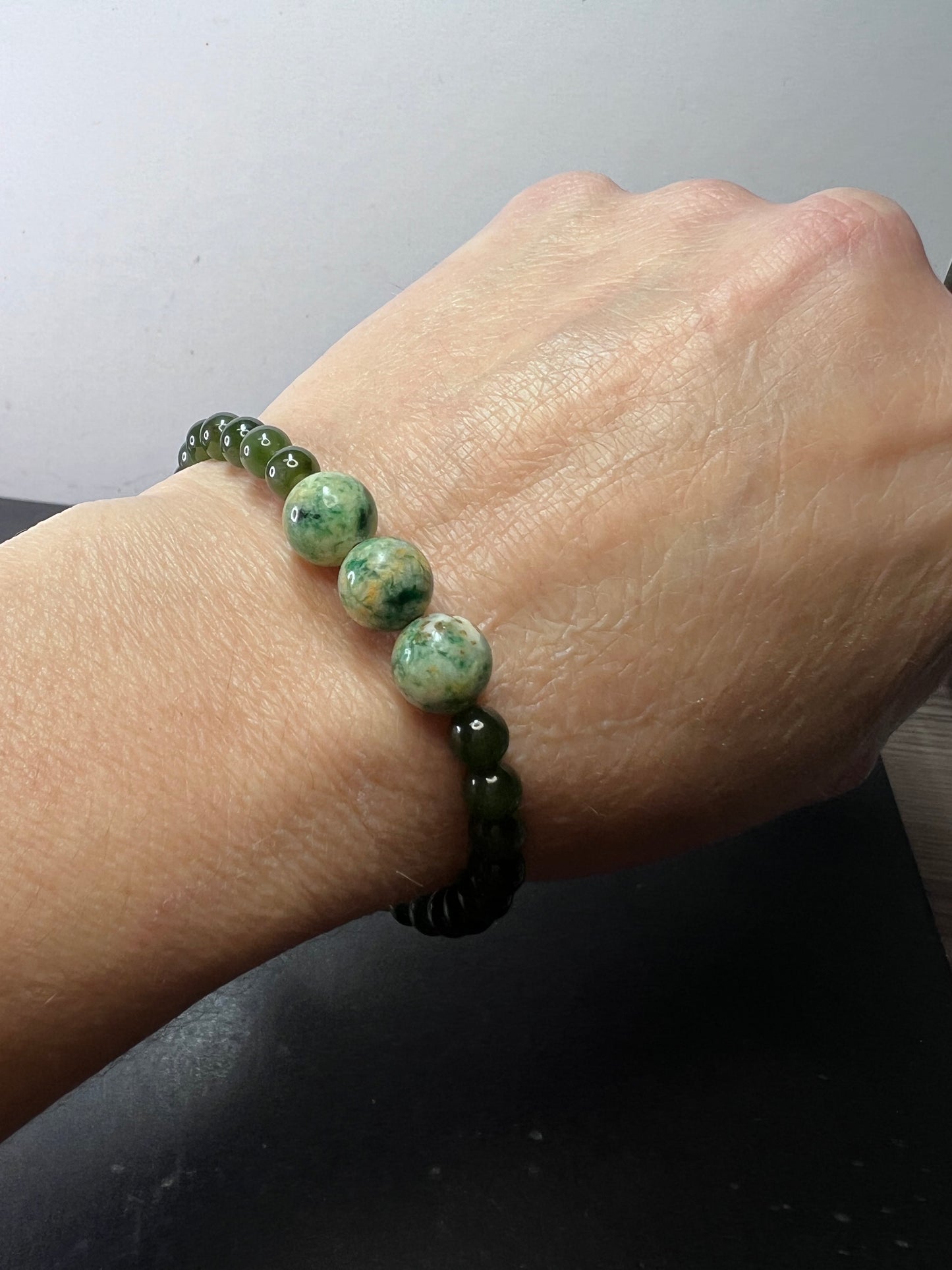 Nephrite Jade and Hackmanite stretch bracelet 8 inch