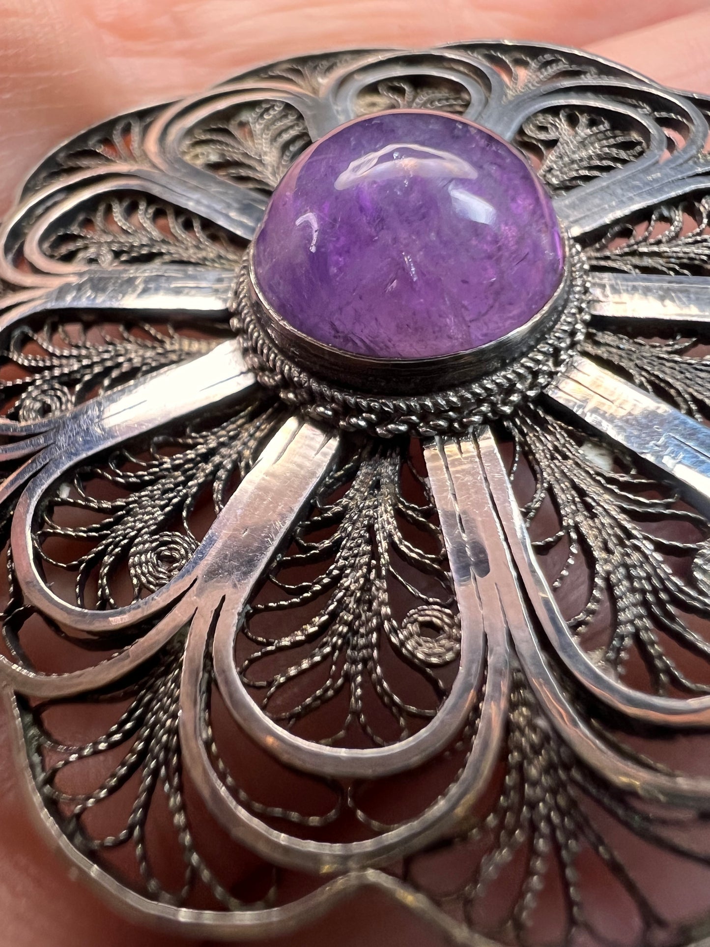 Vintage filigree amethyst sterling silver brooch made in Jerusalem