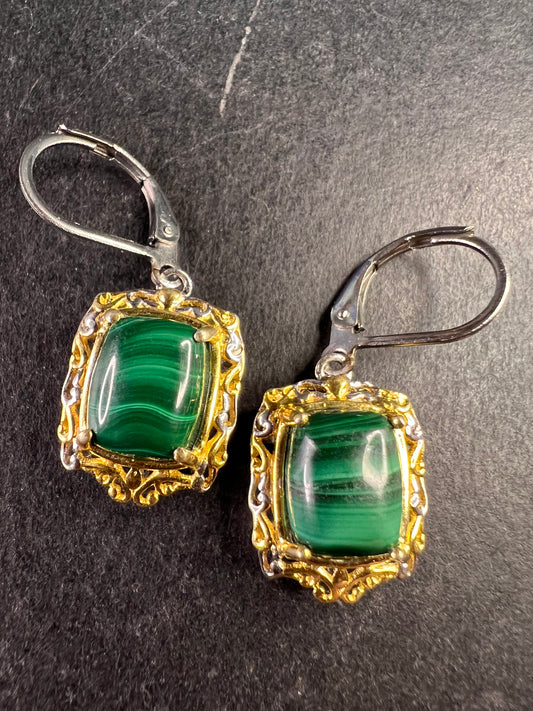 New Karis Platinum & 18K Gold Plated Malachite Leverback Earrings