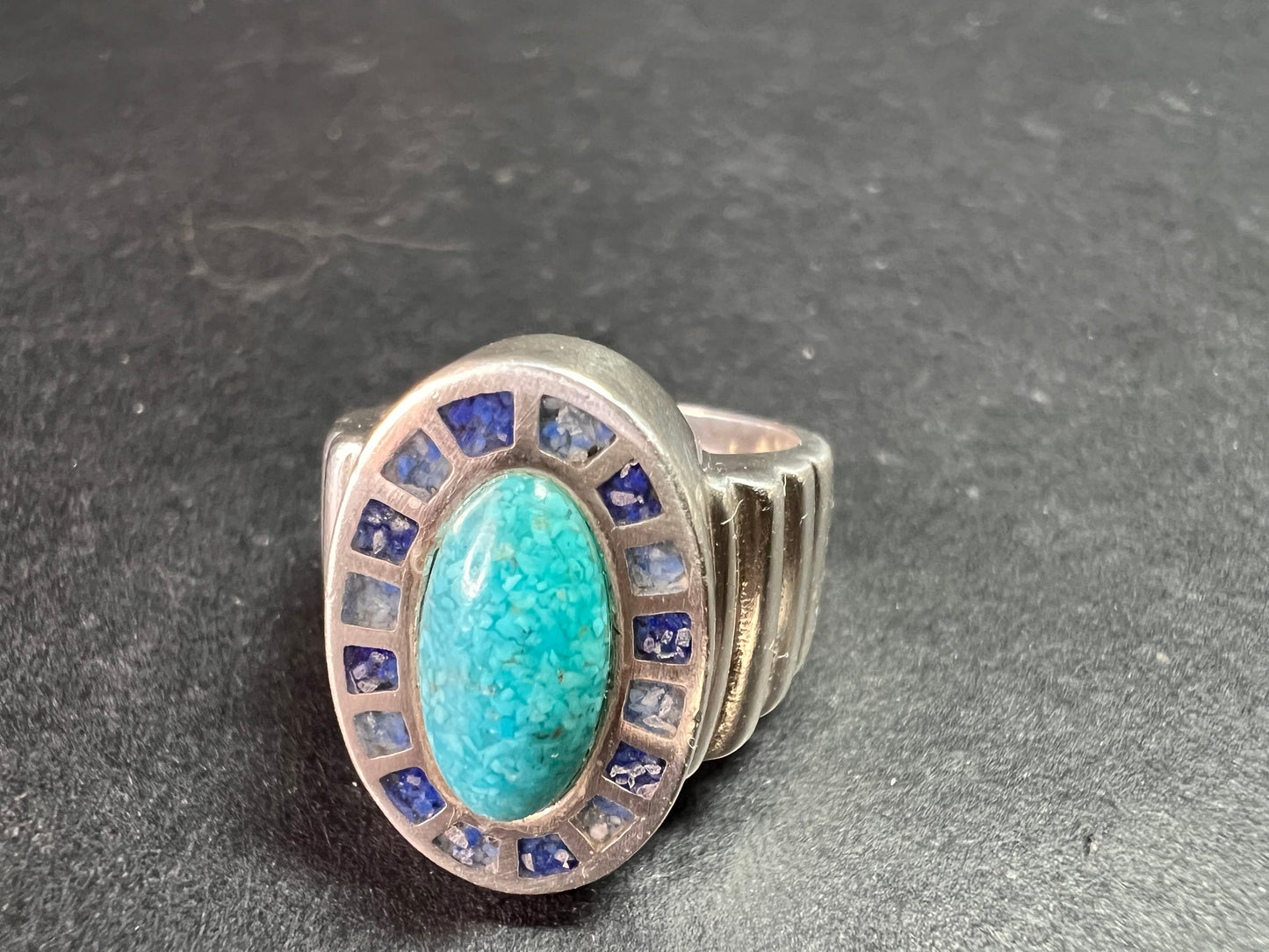 Vintage Sterling Silver Coleman Co. Turquoise & Lapis Mosaic Inlay Ring – Size 7