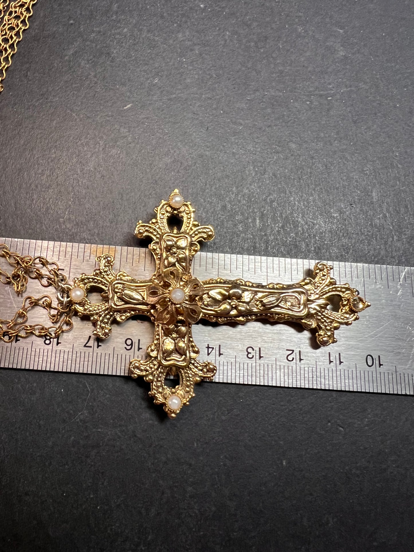 Vintage 1928 Gold Tone Cross Pendant Necklace with Faux Pearls – Long Chain Statement Jewelry