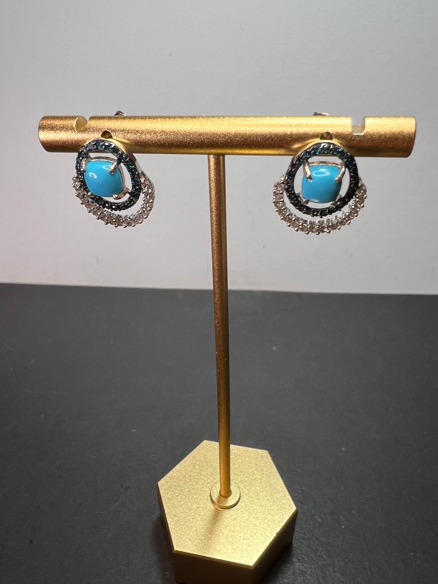 Sleeping Beauty turquoise and blue diamond double ring earrings in platinum over sterling silver