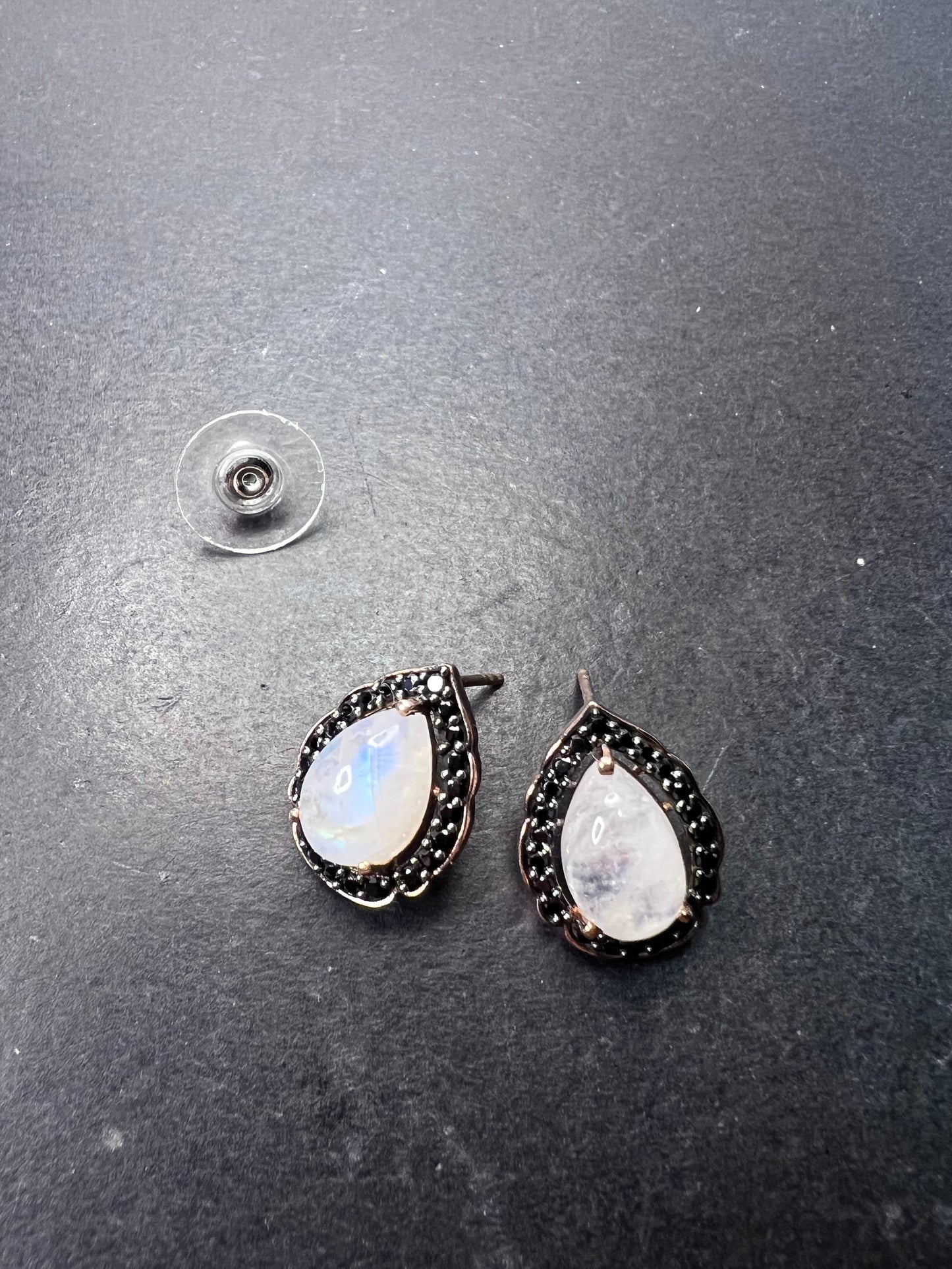 Rainbow moonstone and black spinel tear drop stud halo earrings in rose gold over sterling silver