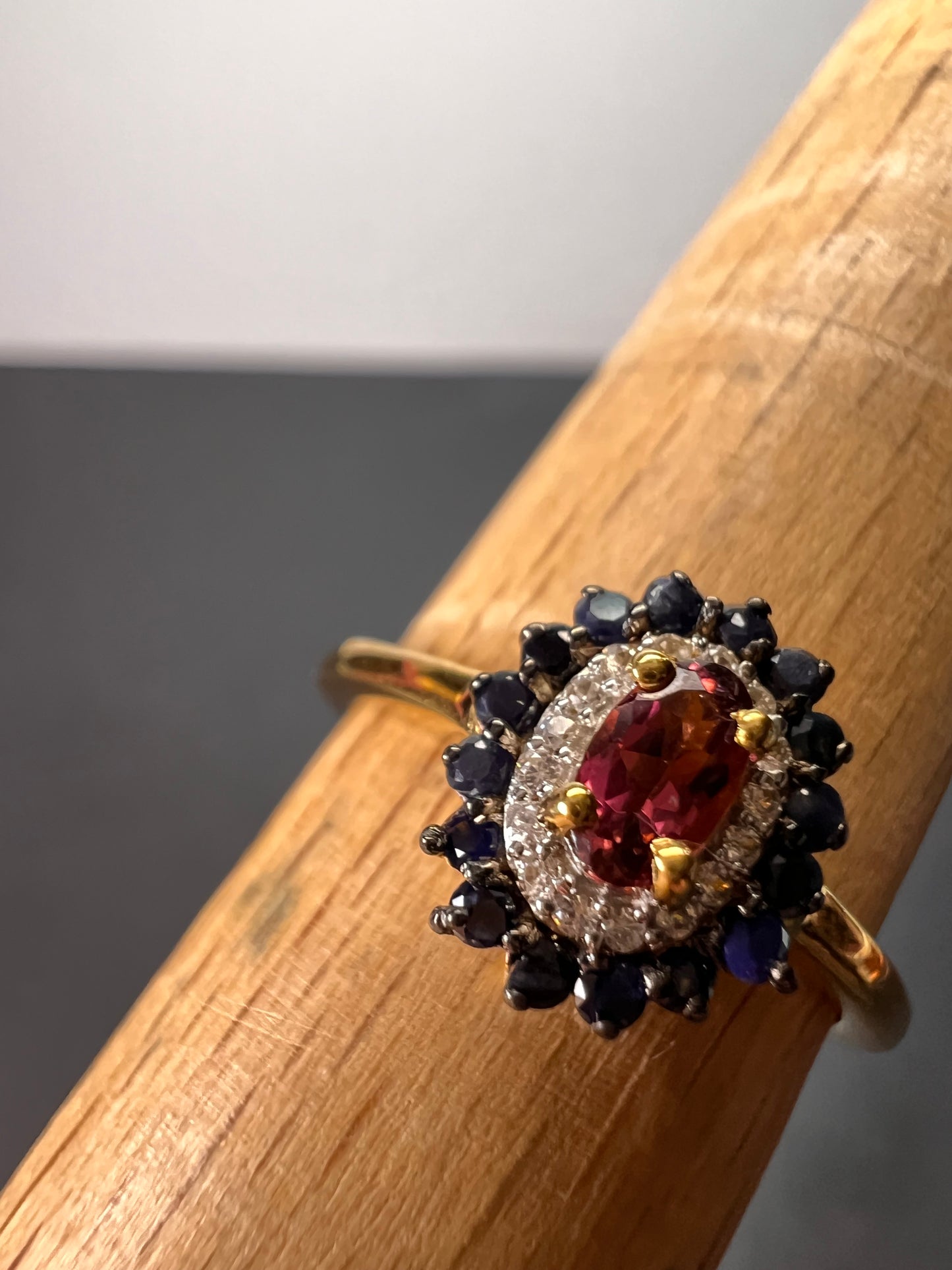 Ofiki rubellite and blue sapphire double halo ring in vermeil yellow gold over sterling silver size 8