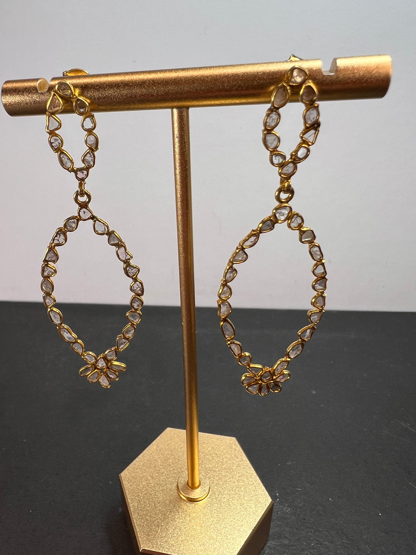 Polki diamonds chandelier earrings in gold over sterling silver