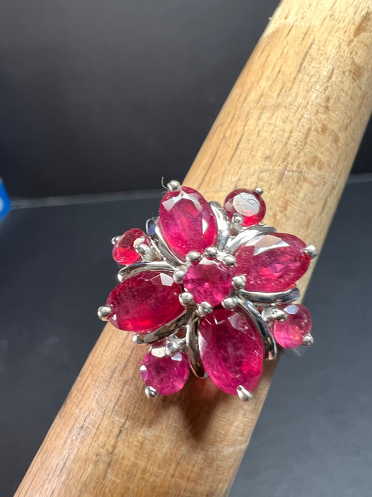 Vintage ruby flower cluster sterling silver ring size 7
