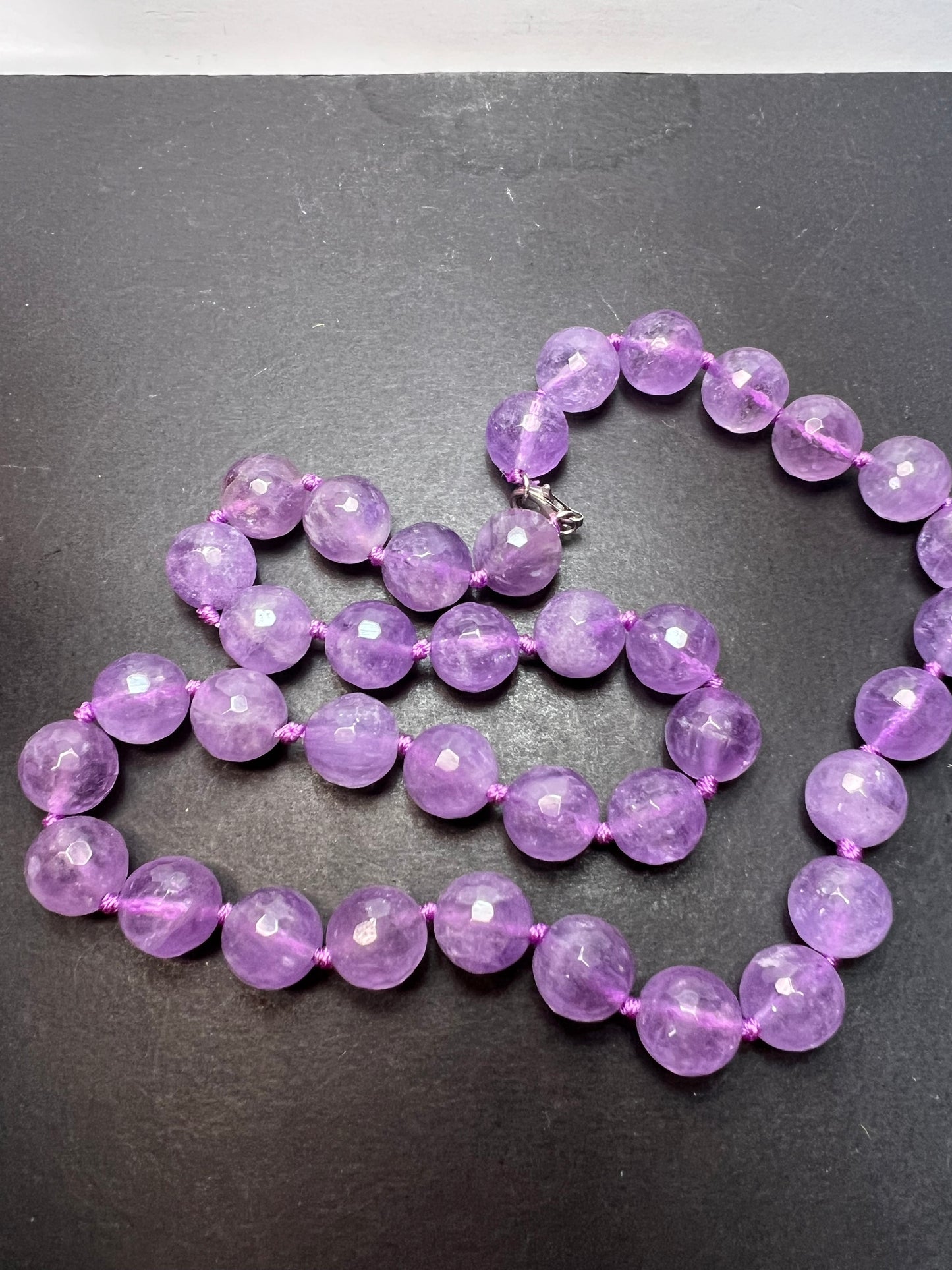 Faceted lavender amethyst knotted necklace with sterling clasp