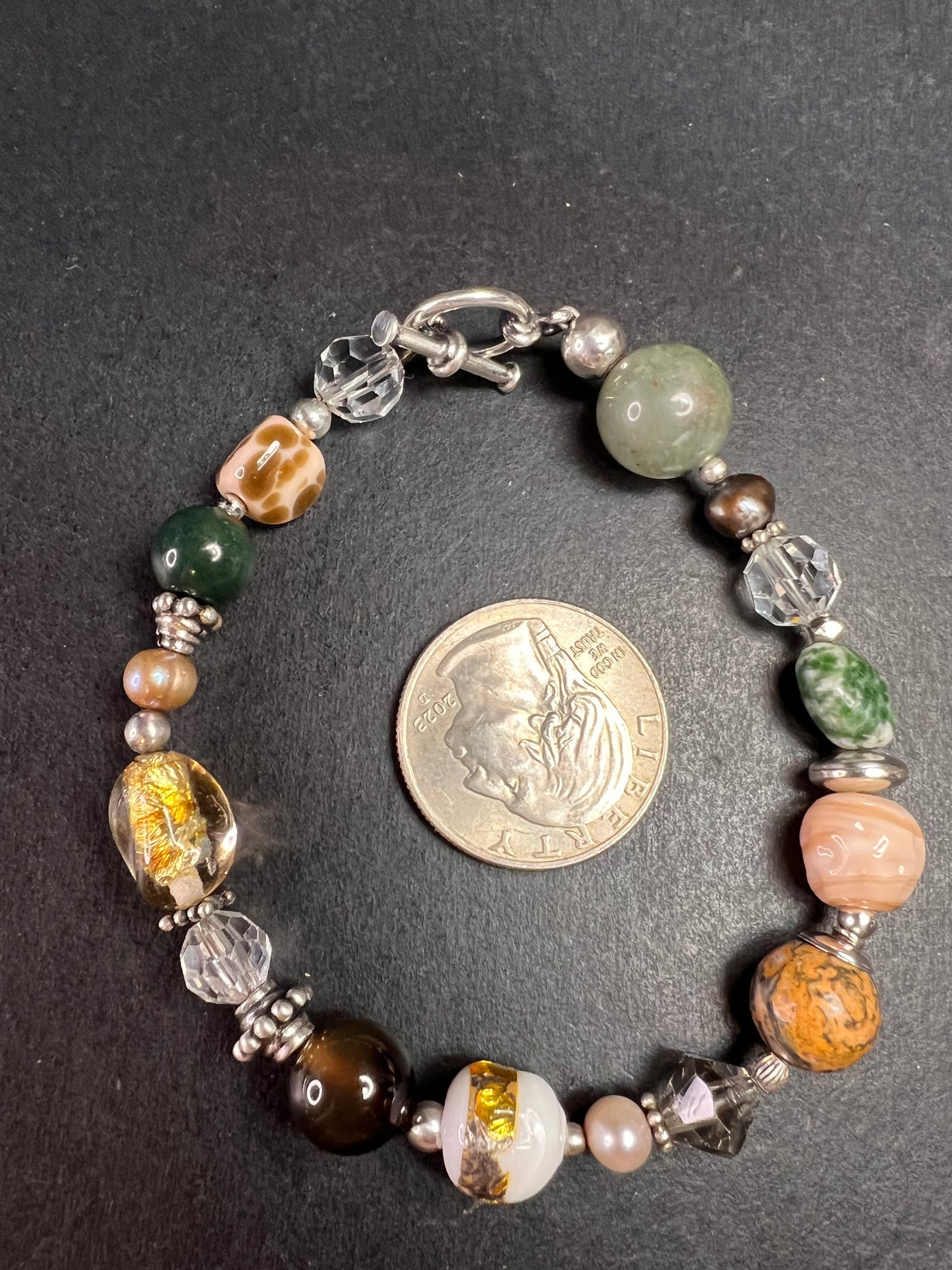 Vintage sterling silver, semi precious stones and glass toggle 8 inch bracelet
