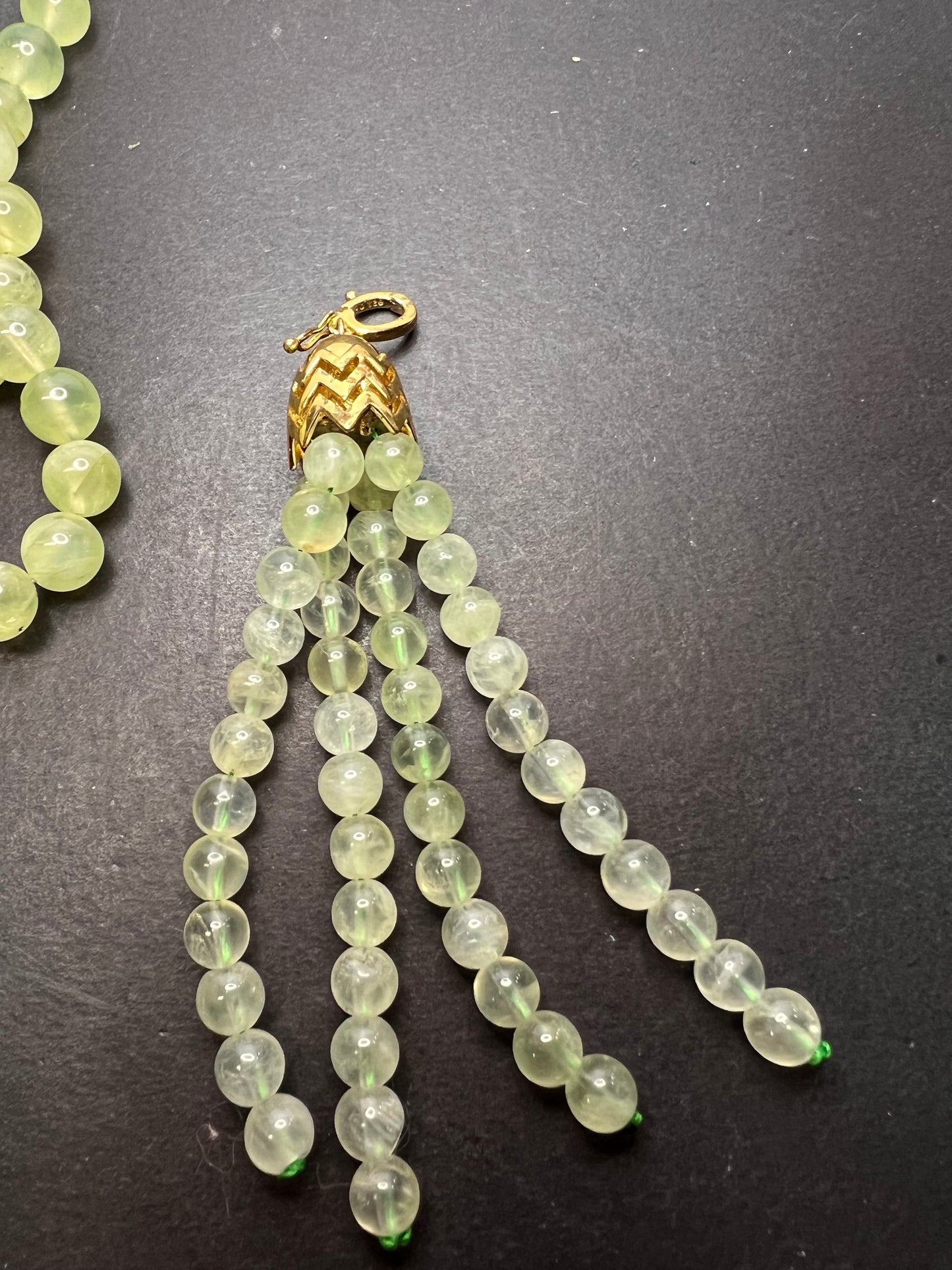 Prehnite beaded 24 inch necklace with removable tassel pendant and gold over sterling silver lobster clasp and extender