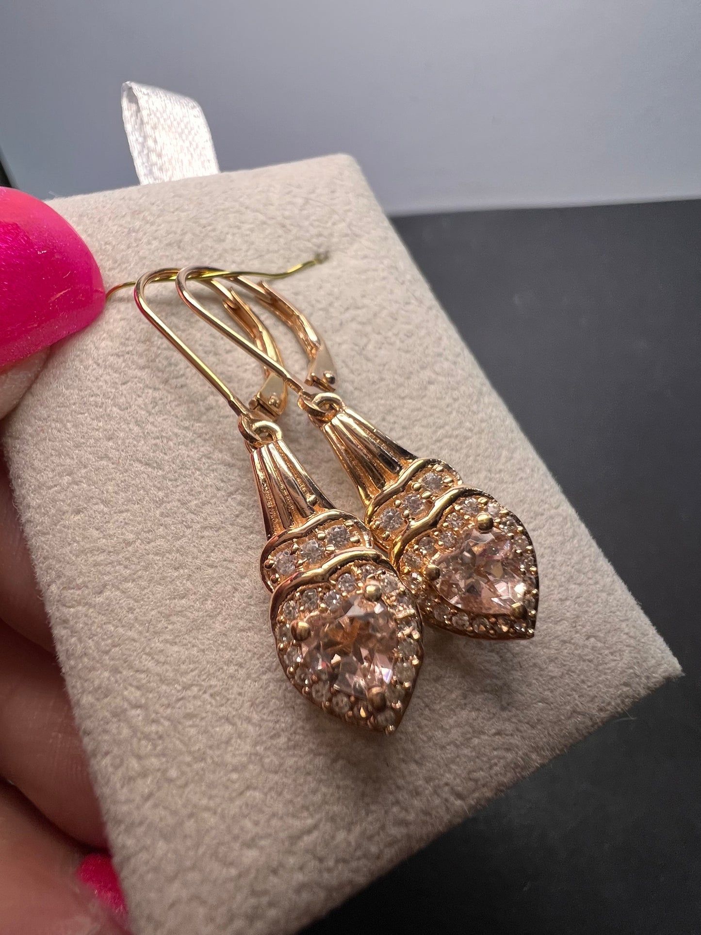 Marropino morganite and Cambodian zircon rose gold over sterling lever back heart drop earrings