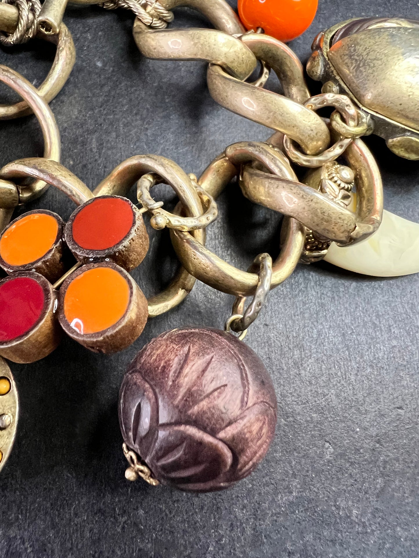 Vintage Charm Bracelet Brass Tone Glass Beads Chunky Statement 8 Inch