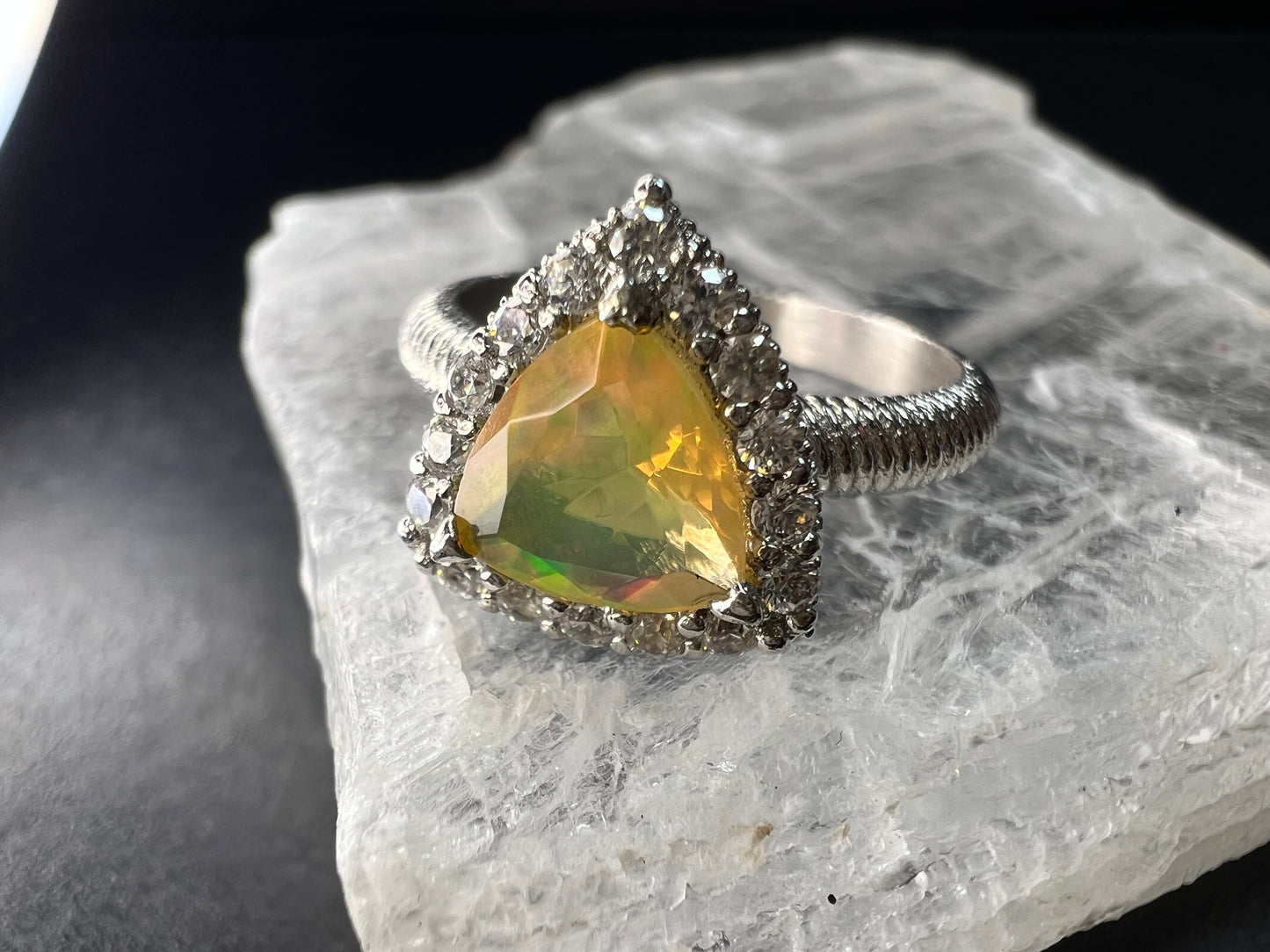 Ethiopian Opal Halo Ring Sterling Silver Size 7 Trillion Cut