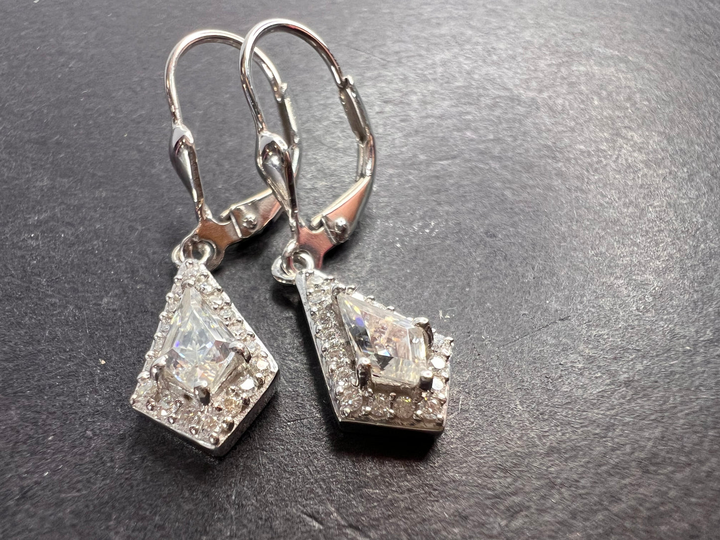 Moissanite lever back kite earrings in platinum over sterling silver *NEW*