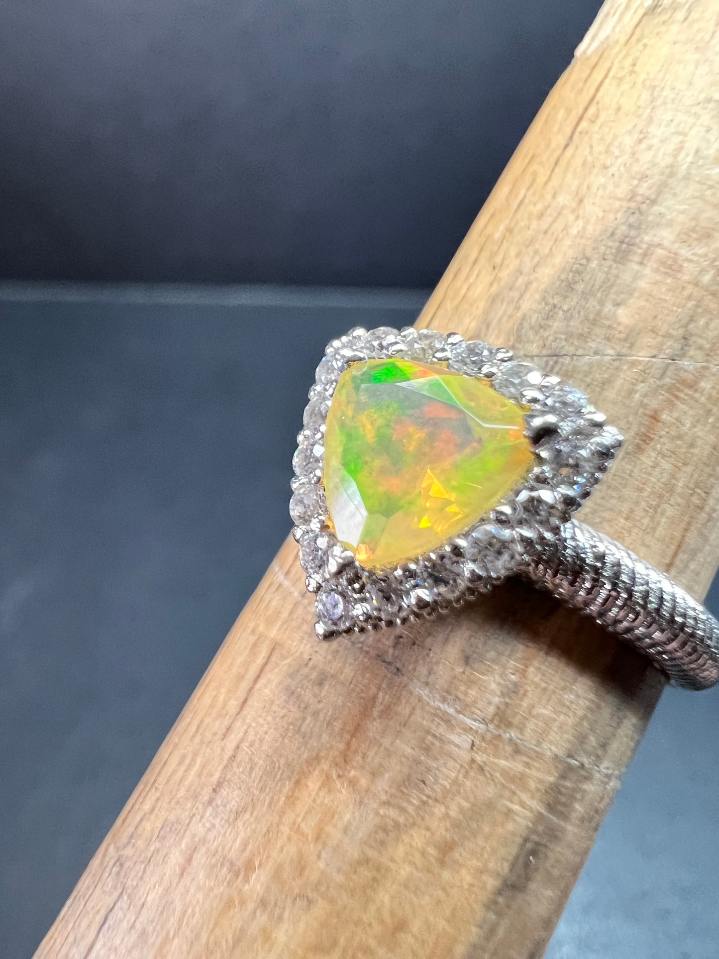 Ethiopian Opal Halo Ring Sterling Silver Size 7 Trillion Cut