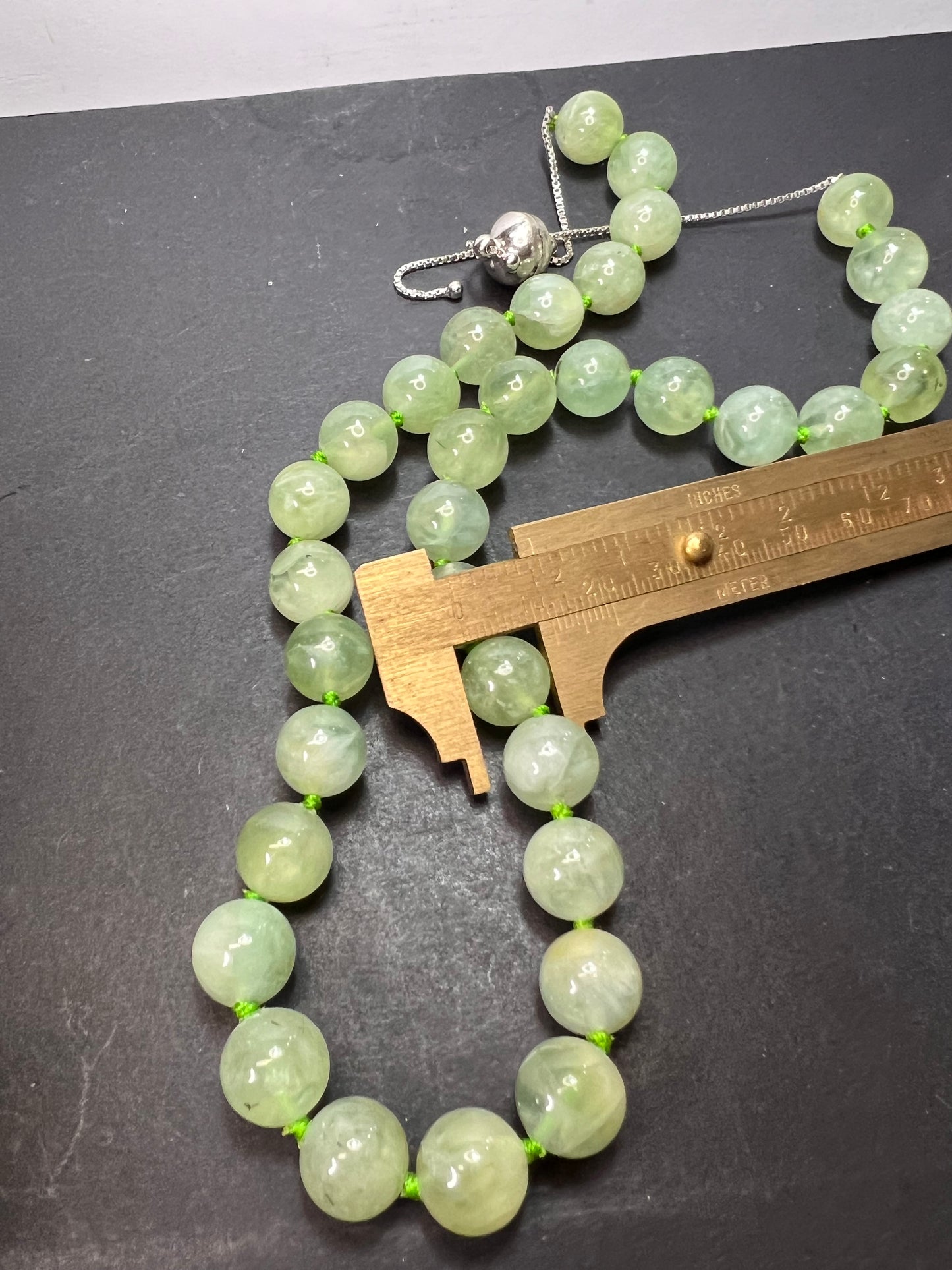 Prehnite knotted sterling silver bolo necklace