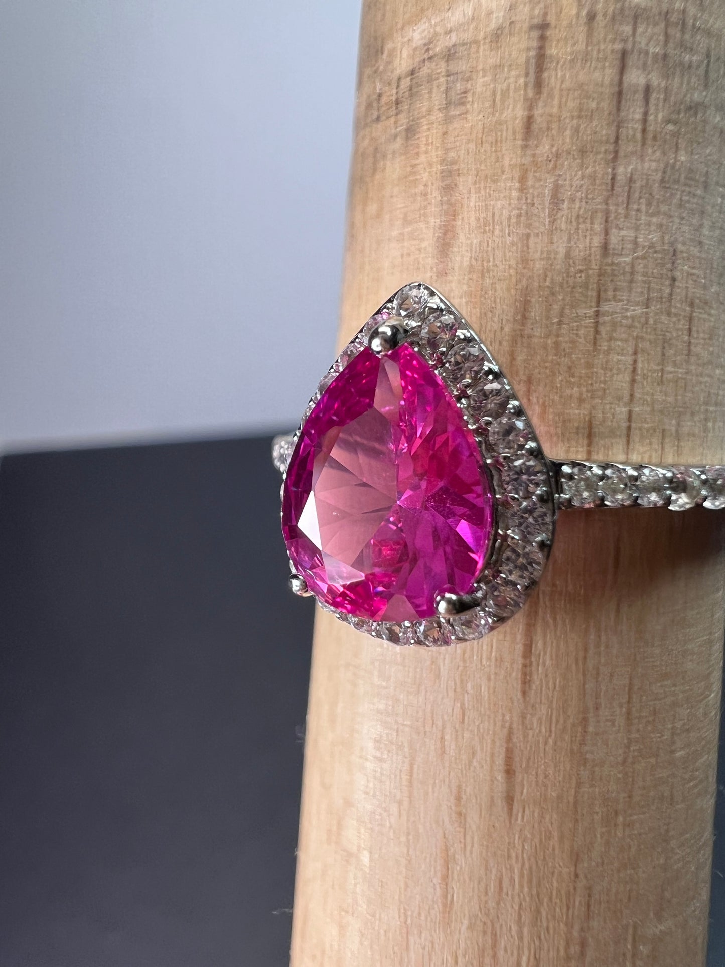 Barbie style lab pink sapphire sterling silver halo ring size 9