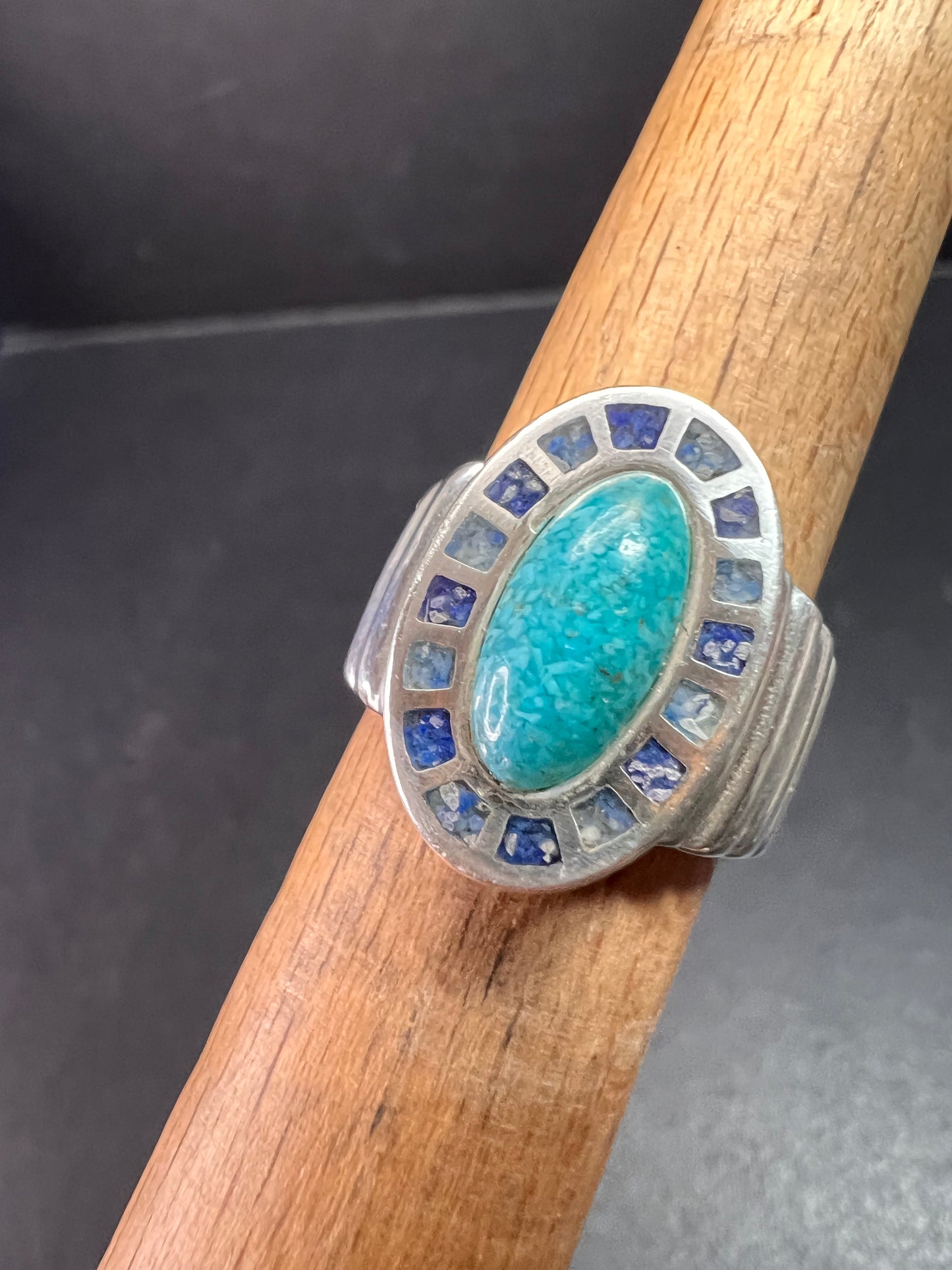 Vintage Sterling Silver Coleman Co. Turquoise & Lapis Mosaic Inlay Ring – Size 7