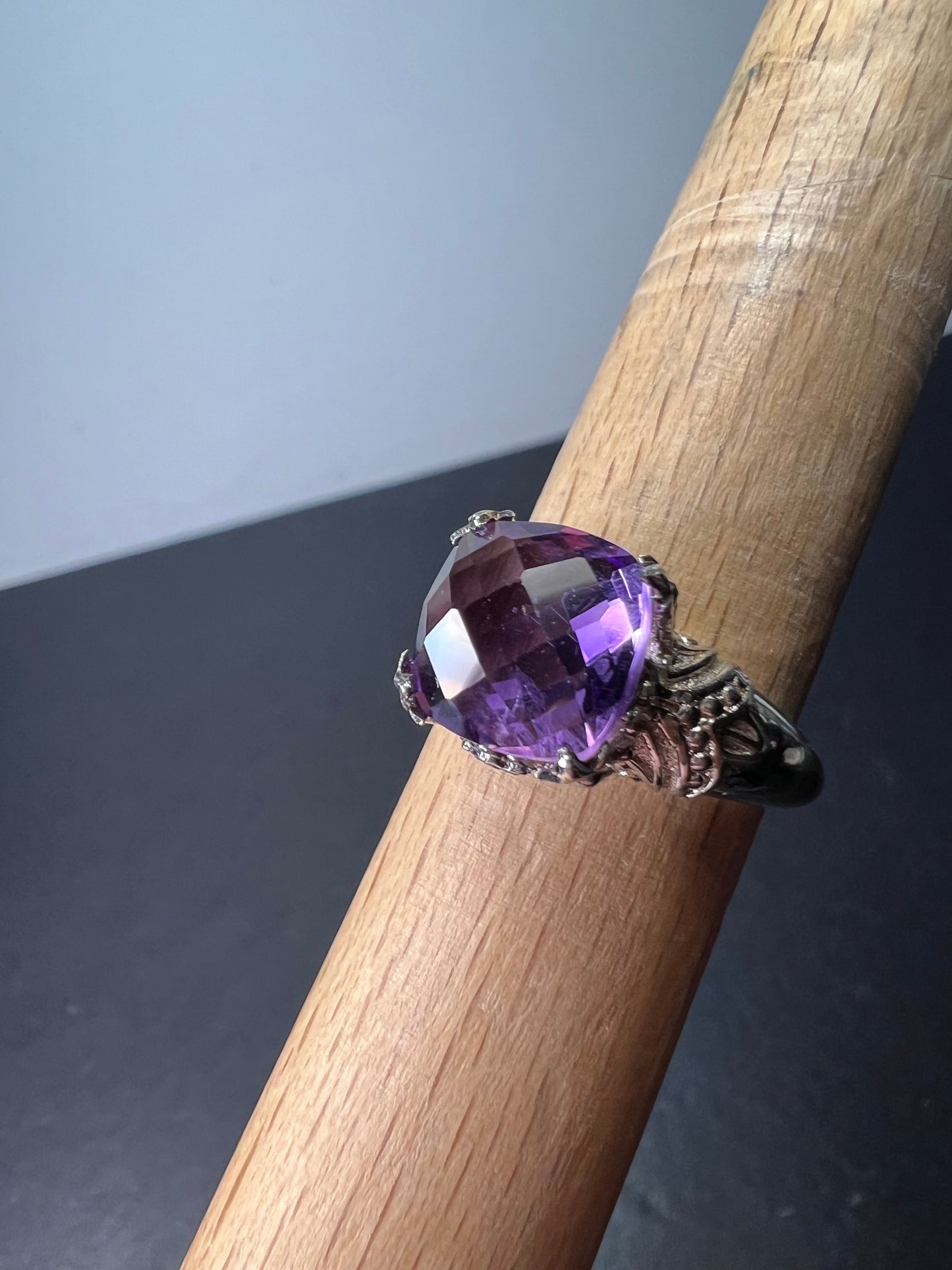 Amethyst cathedral crown setting sterling silver solitaire ring size 9