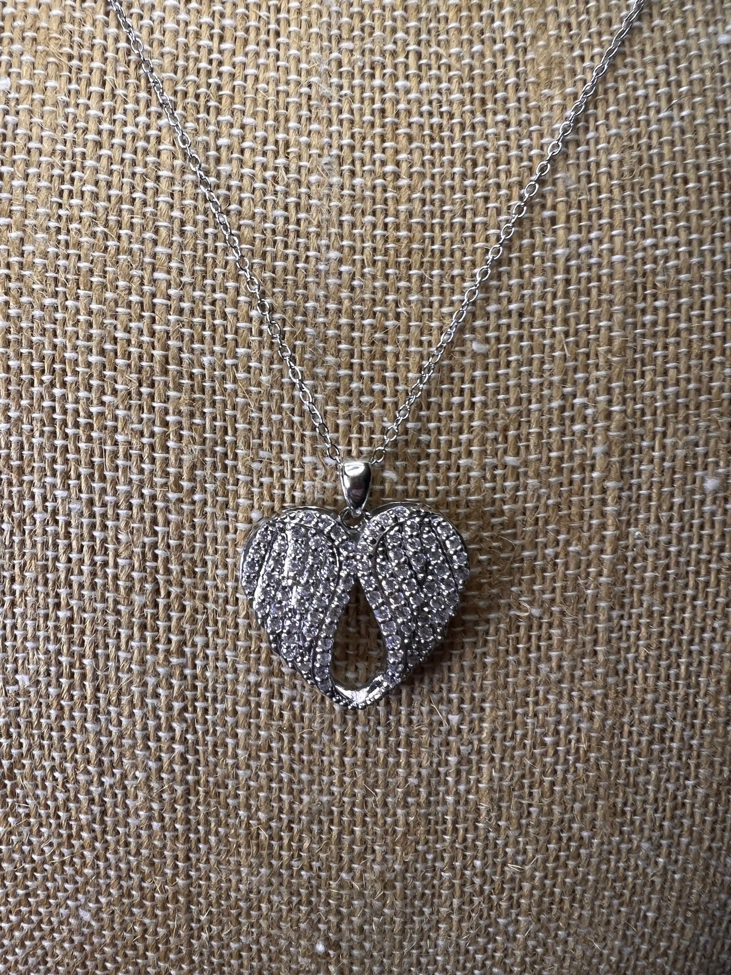 Angel wings CZ heart pendant and chain sterling silver necklace