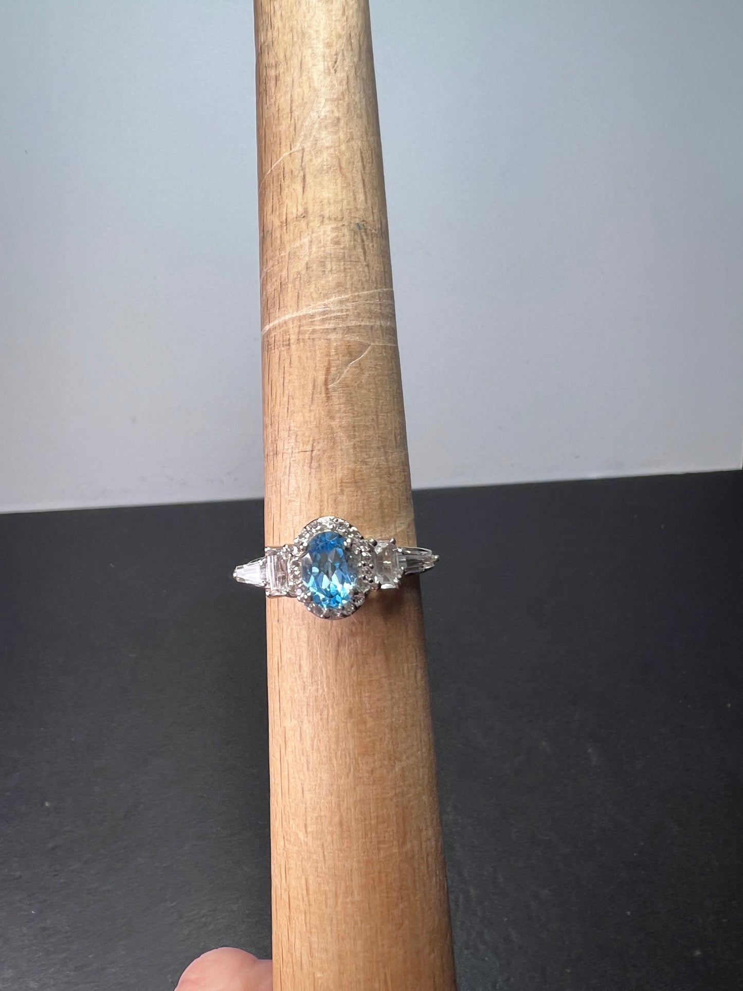 Blue and white topaz sterling silver halo ring size 9