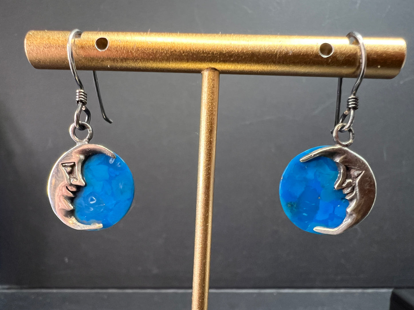 Vintage Sterling Silver Crescent Moon Blue Stone Dangle Earrings