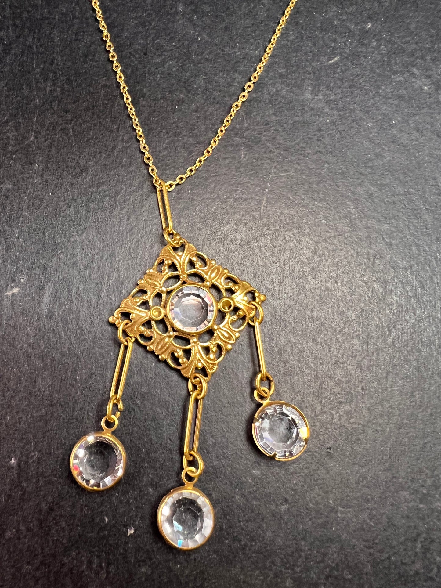 Vintage Victorian Revival Gold Tone Filigree Chandelier Necklace w/ Rivoli Glass