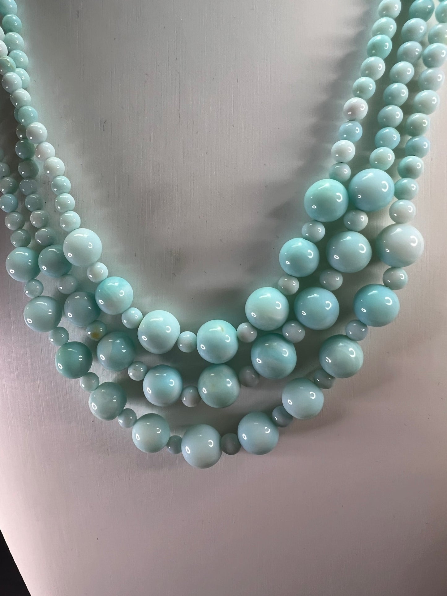 Peruvian blue opal triple strand necklace with sterling silver clasp