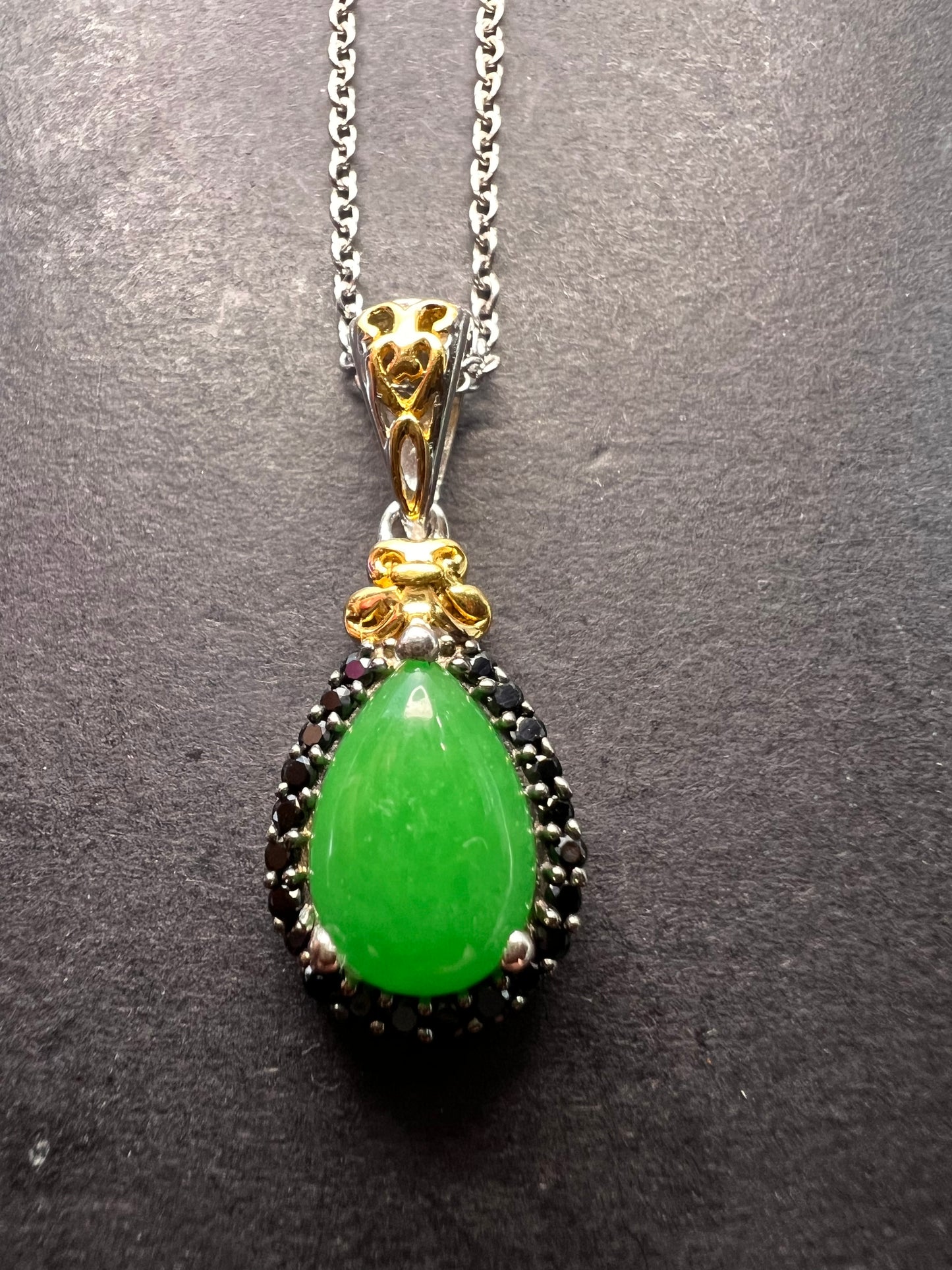 Green Jade and black spinel teardrop two toned sterling silver pendant and chain necklace