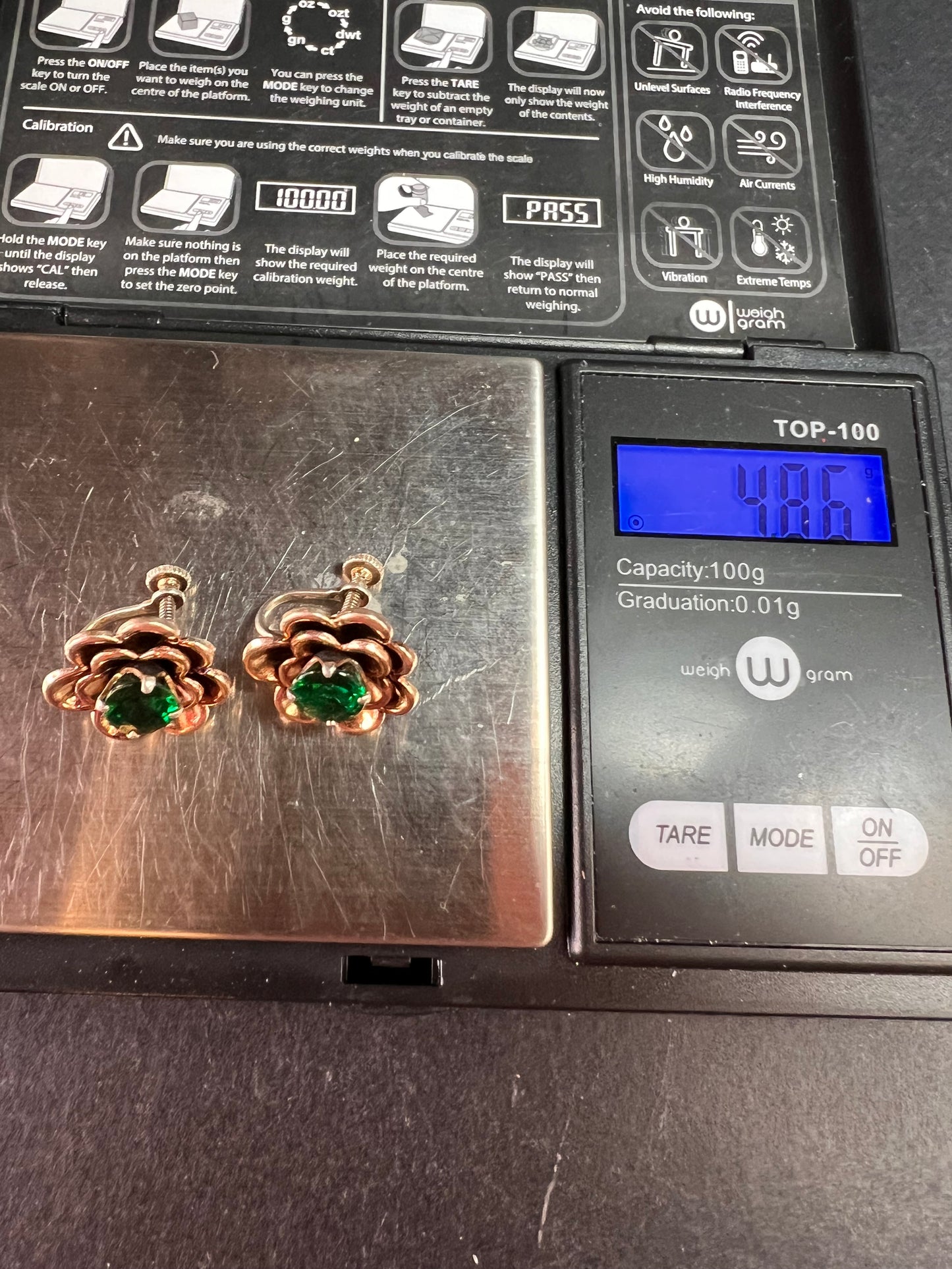 Vintage 1940s Vermeil Flower Screw Back Green Paste Earrings