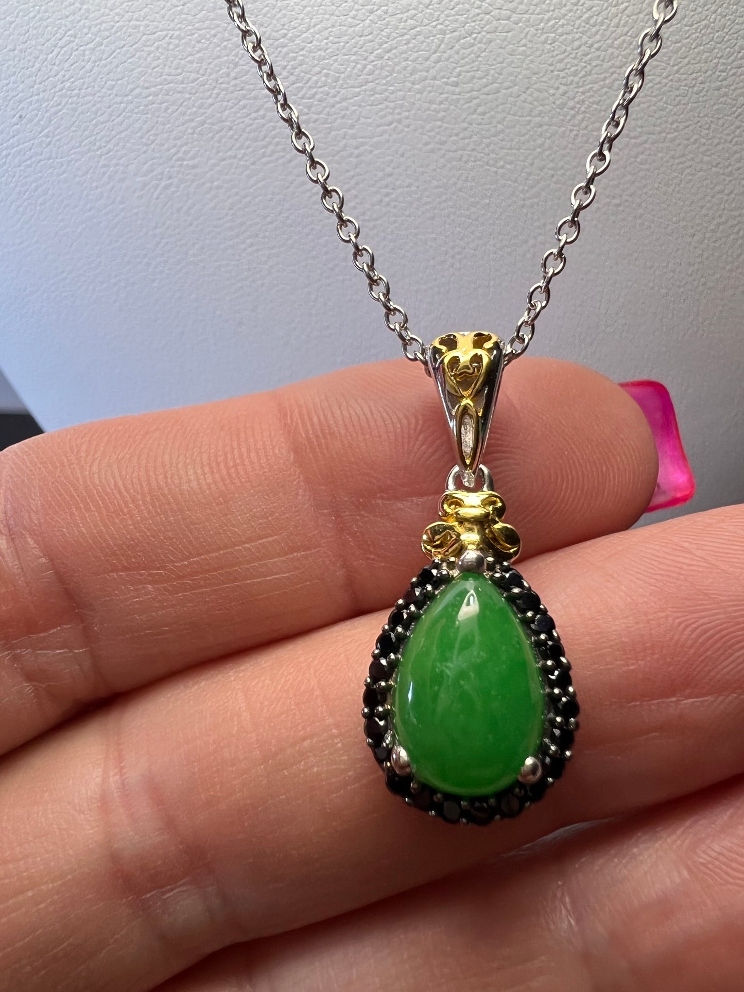 Green Jade and black spinel teardrop two toned sterling silver pendant and chain necklace